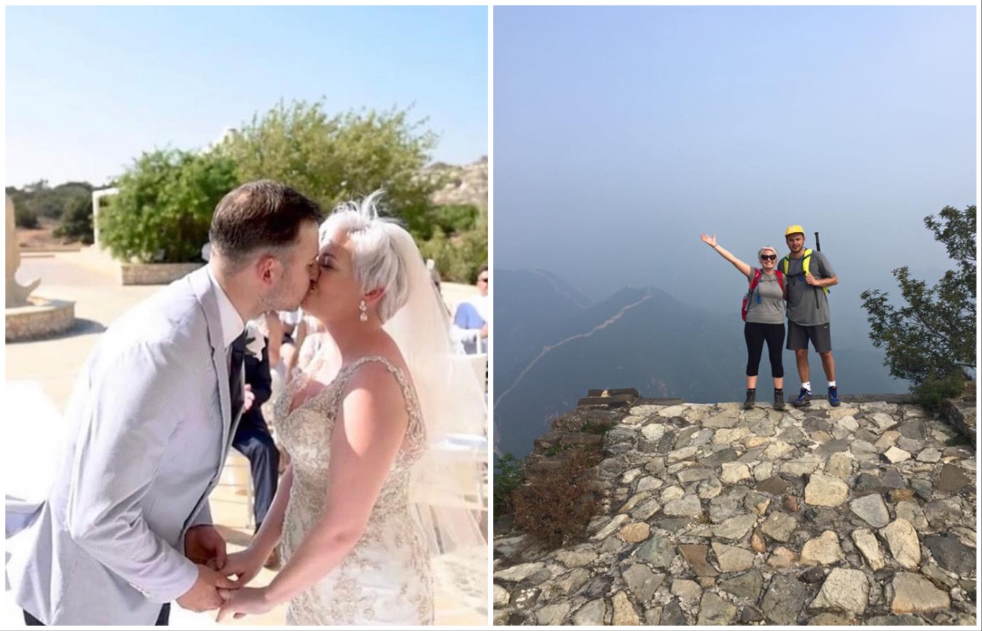 (L) Rachel and Adam on their wedding day. (R) Rachel and Adam walking the Great Wall of China.