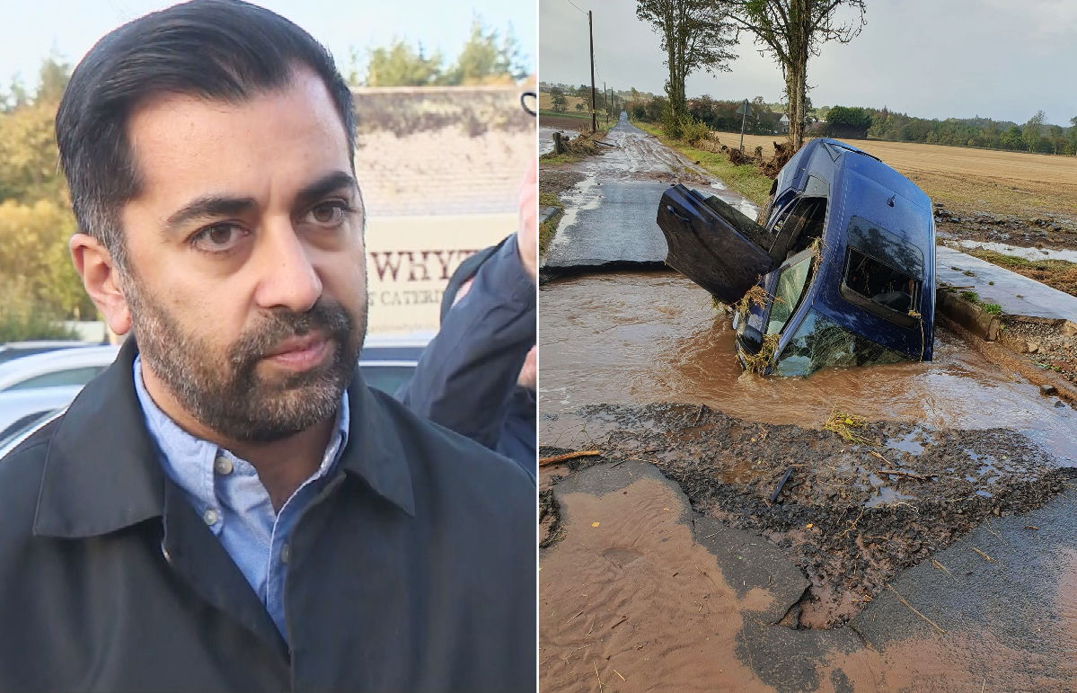 Humza Yousaf visited Brechin after Storm Babet brought floods across Scotland and washed away a road near Longforgan.