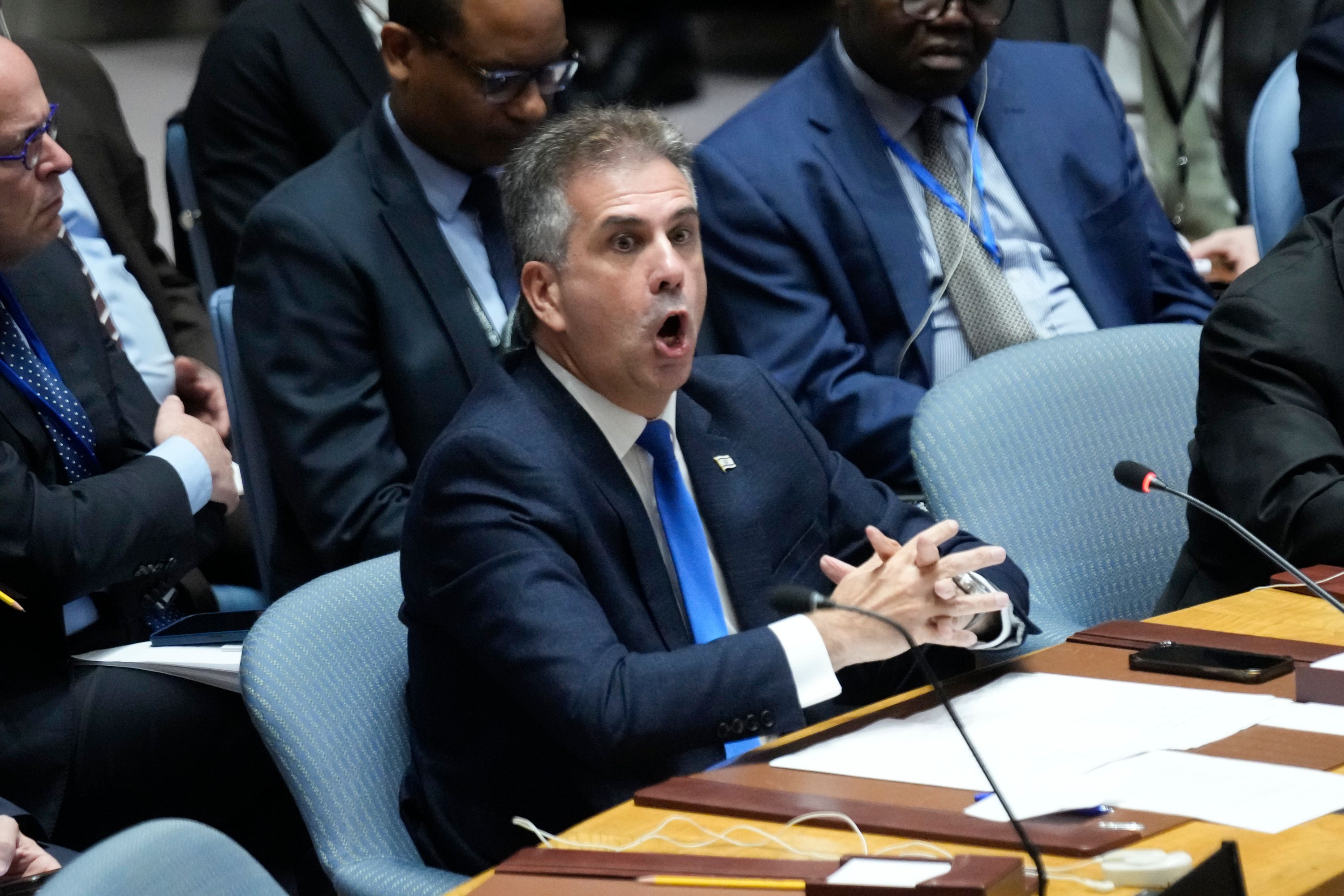 Eli Cohen speaks during the Security Council meeting.