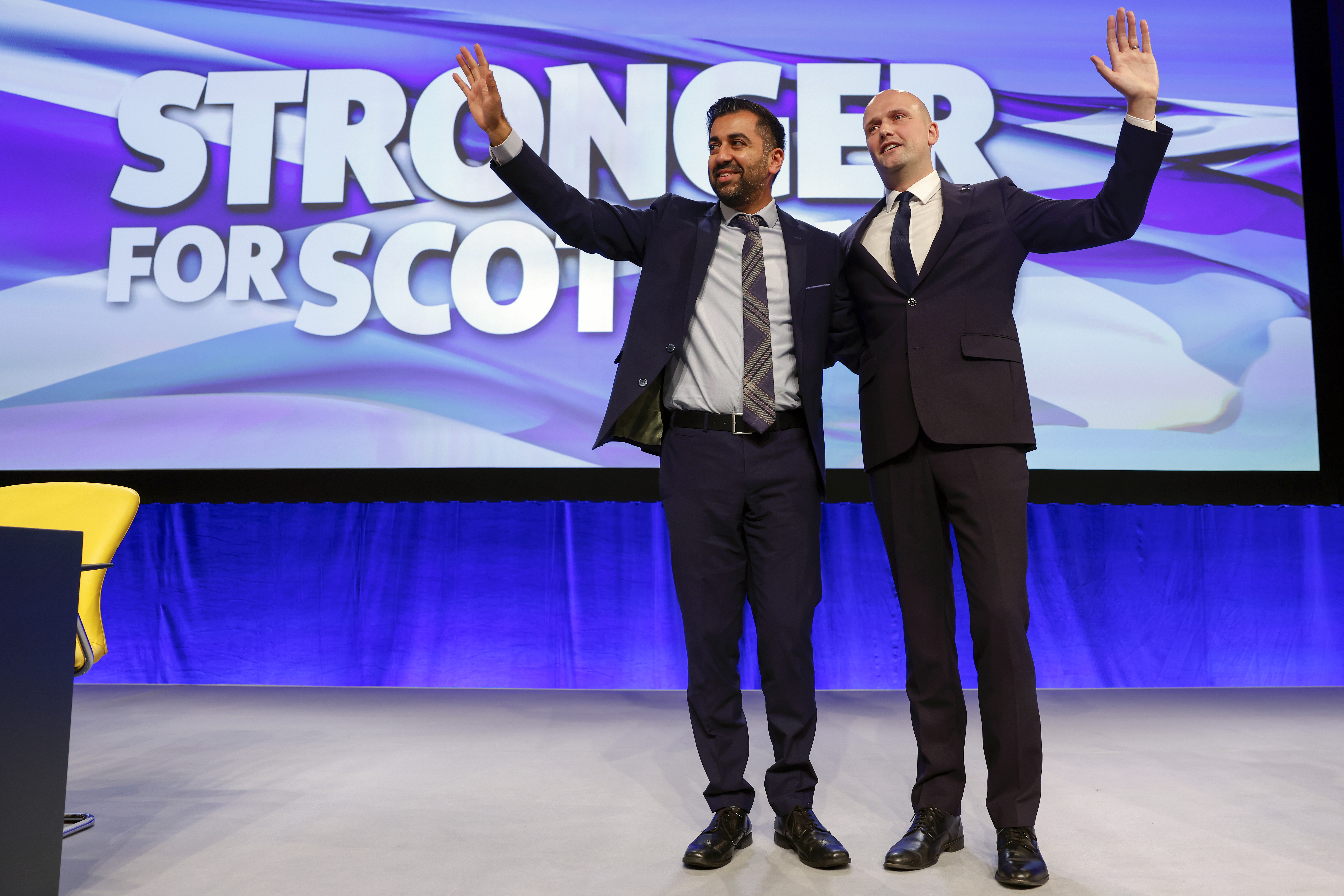 First Minister Humza Yousaf congratulates Stephen Flynn, SNP Westminster Group Leader after he addressed conference at The Event Complex Aberdeen (TECA) on October 15.