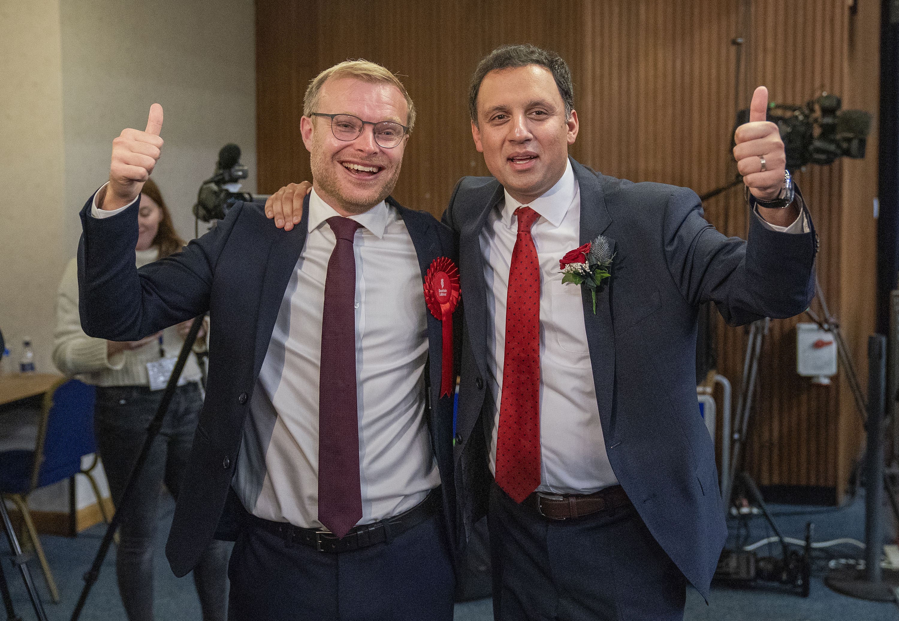 Michael Shanks, left, with Scottish Labour leader Anas Sarwar won in Rutherglen and Hamilton West.