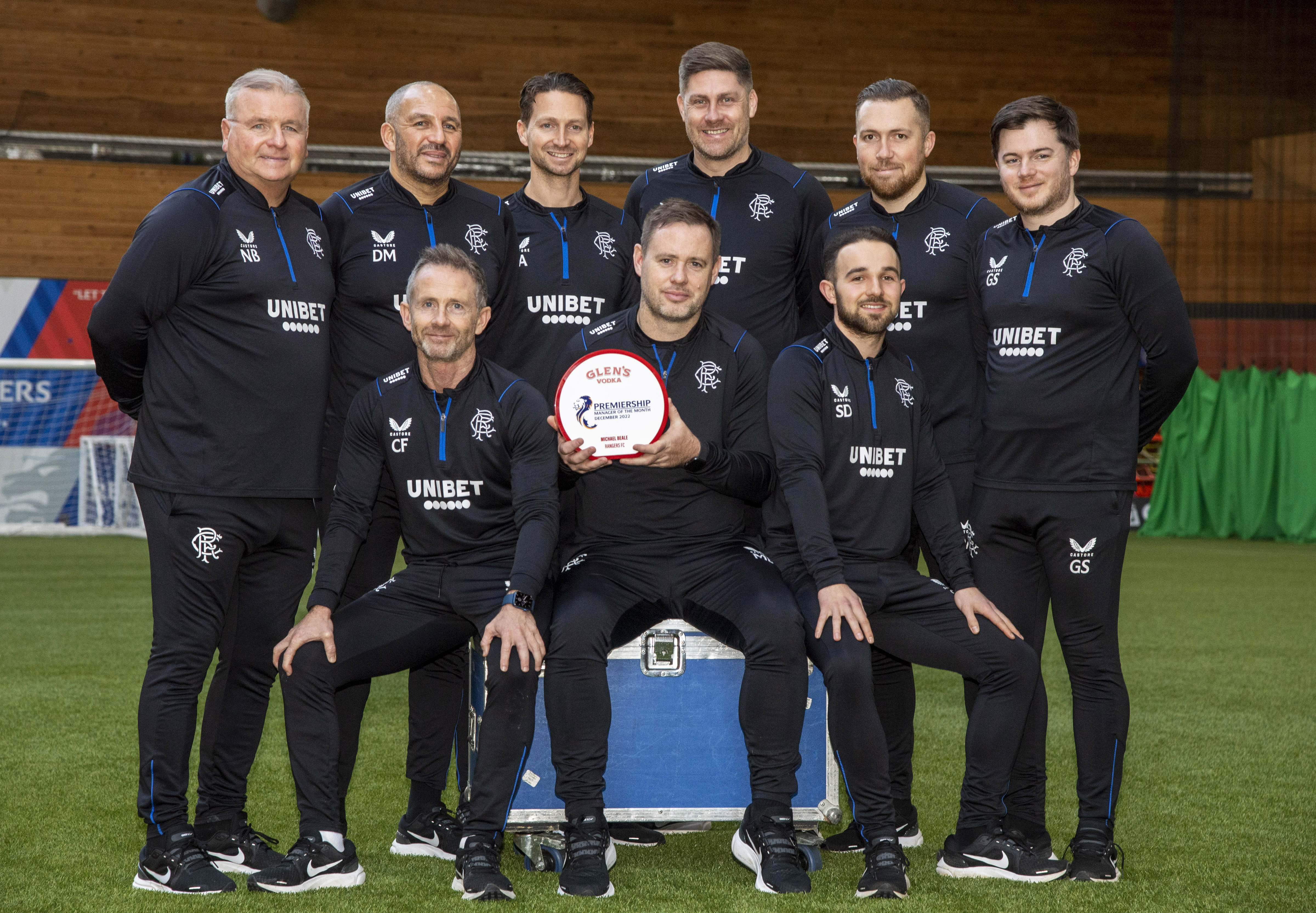 Michael Beale is named cinch Premiership Manager of the Month for December alongside his backroom staff at the Rangers Training Centre, on January 6, 2023.