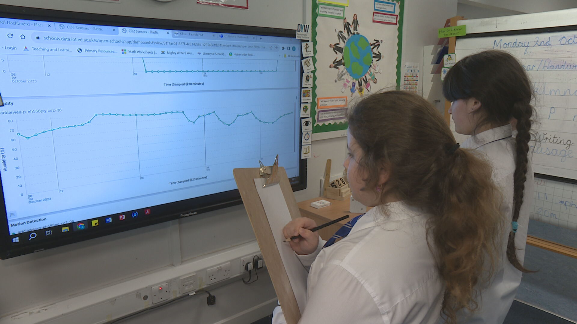 P7 pupils analysing the data collected from the sensor in their classroom.