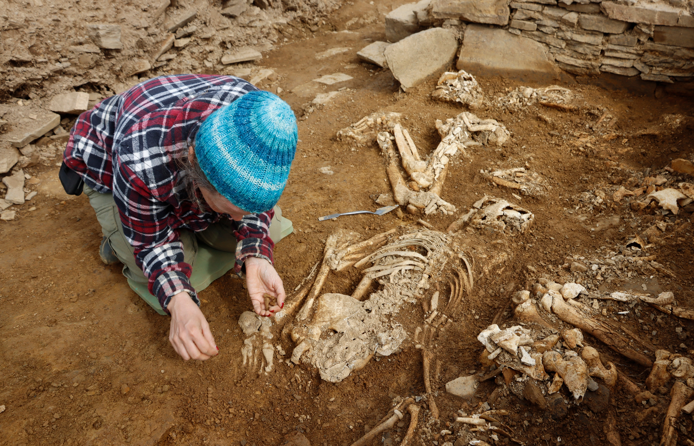 The skeletons of 14 men, women and children were found in the tomb.