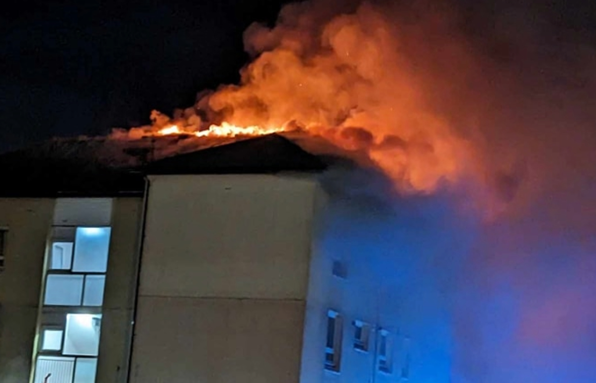 Firefighters battle blaze at block of flats in Lochgelly in Fife.