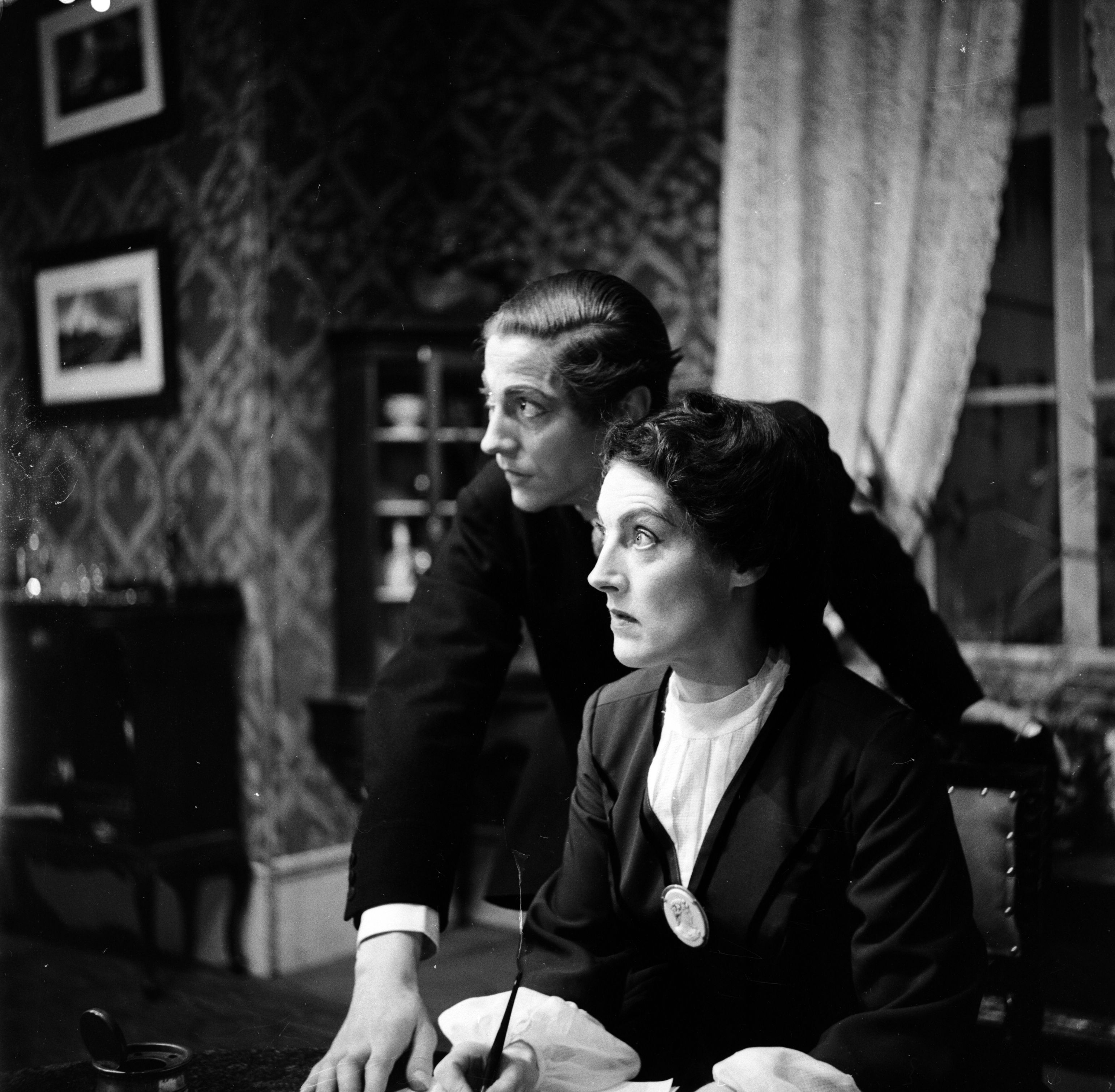 Two actors in a play put on by the Perth Repertory Theatre in Perth, the 'Fair City', formerly the capital of Scotland in 1955.