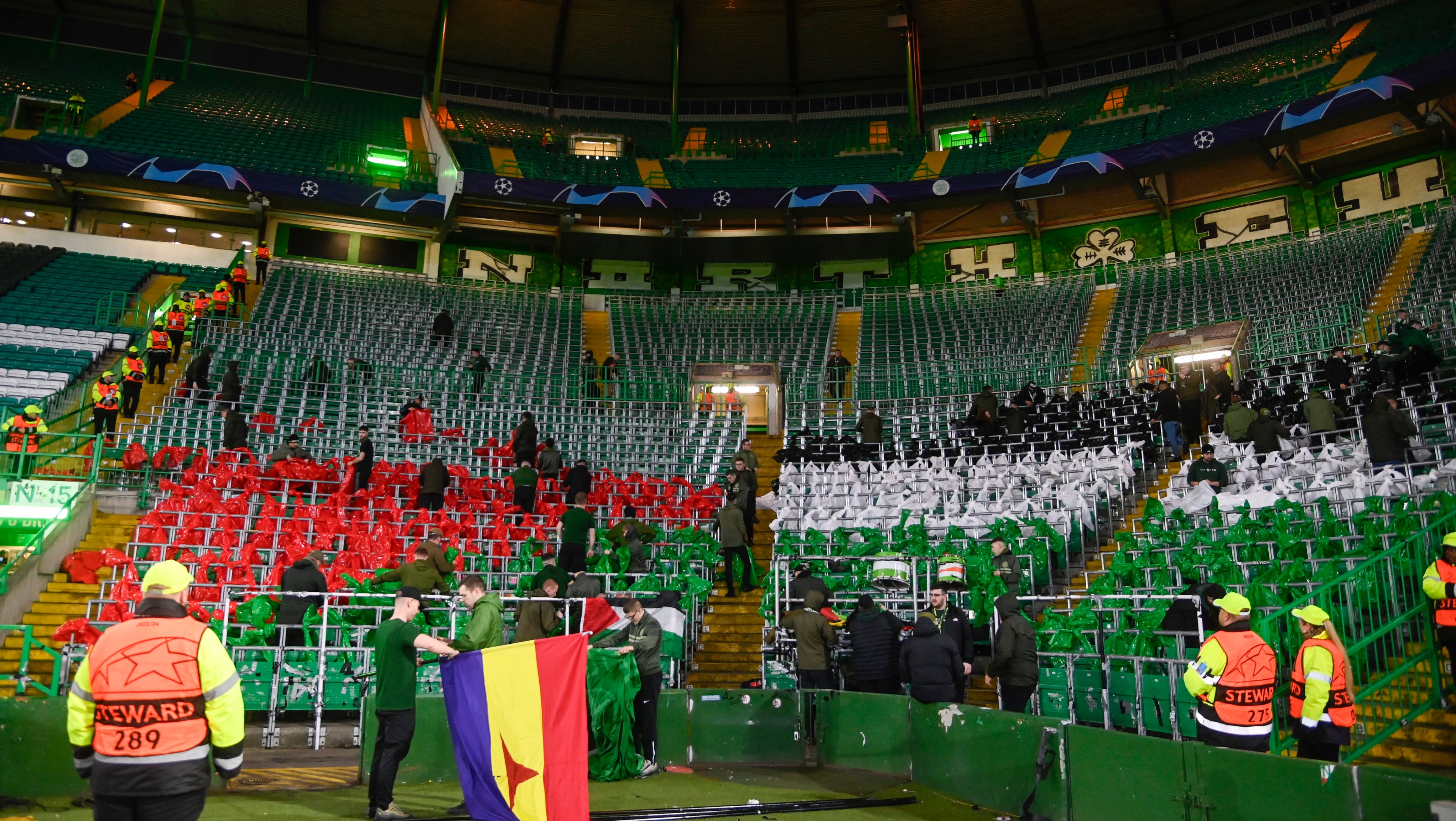 GLASGOW, SCOTLAND - OCTOBER 25: Green Brigade set up a display of a Palestine flag during a UEFA Champions League match between Celtic and Atletico de Madrid at Celtic Park, on October 25, 2023, in Glasgow, Scotland. (Photo by Rob Casey / SNS Group)