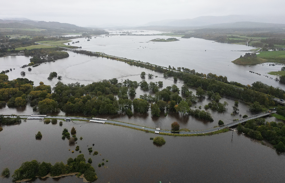 Aerial shot shows the River Spey flooding near Aviemore on Sunday, October 8.