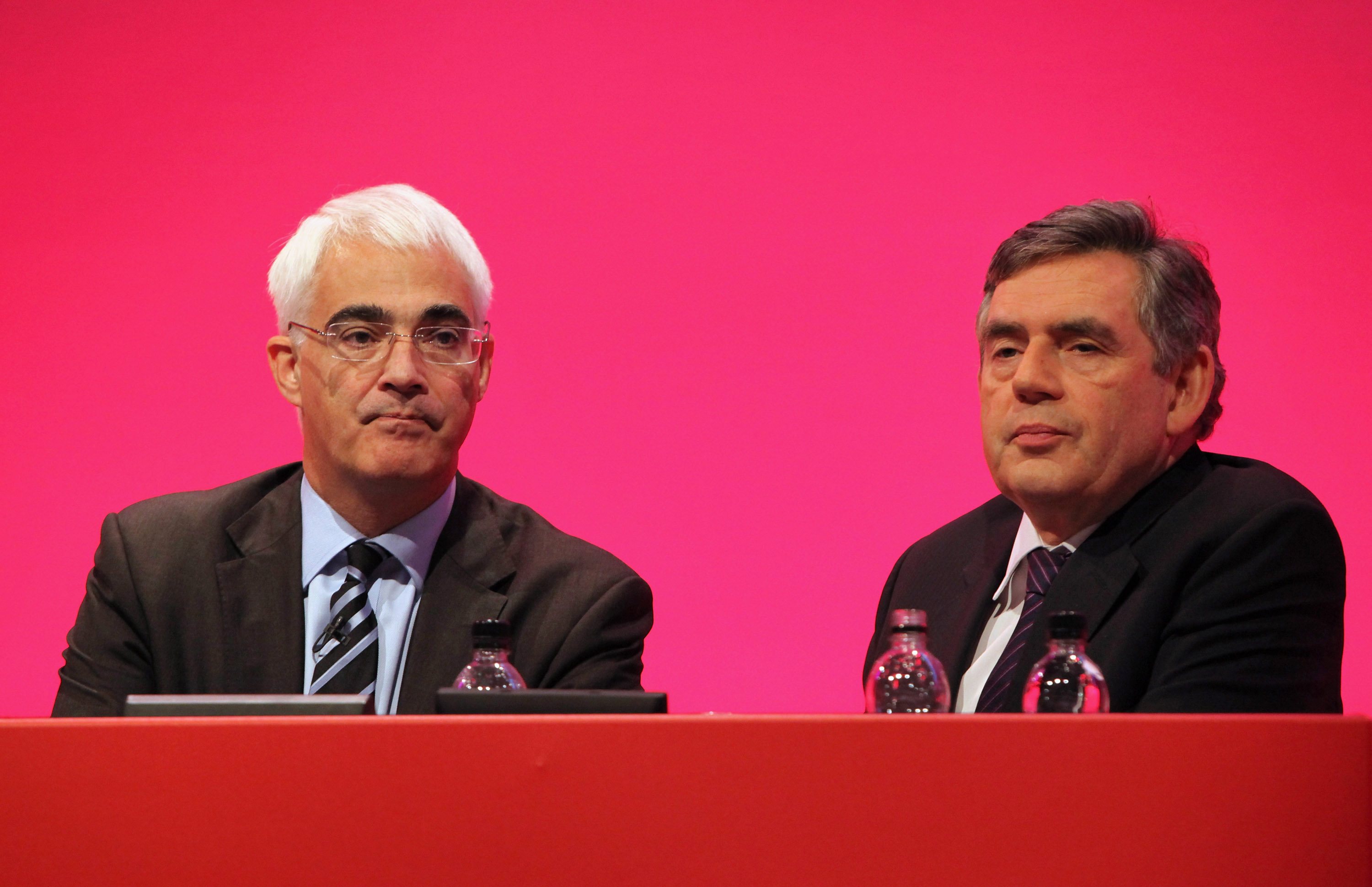 Then-Prime Minister Gordon Brown (R) next to then-Chancellor of the Exchequer Alistair Darling during the Labour Party Conference on September 28, 2009 in Brighton.