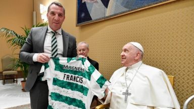 Celtic players and Brendan Rodgers present Pope Francis with shirt after Champions League defeat to Lazio