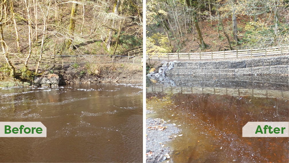 The Horseshoe in Calderglen Country Park before and after repairs.