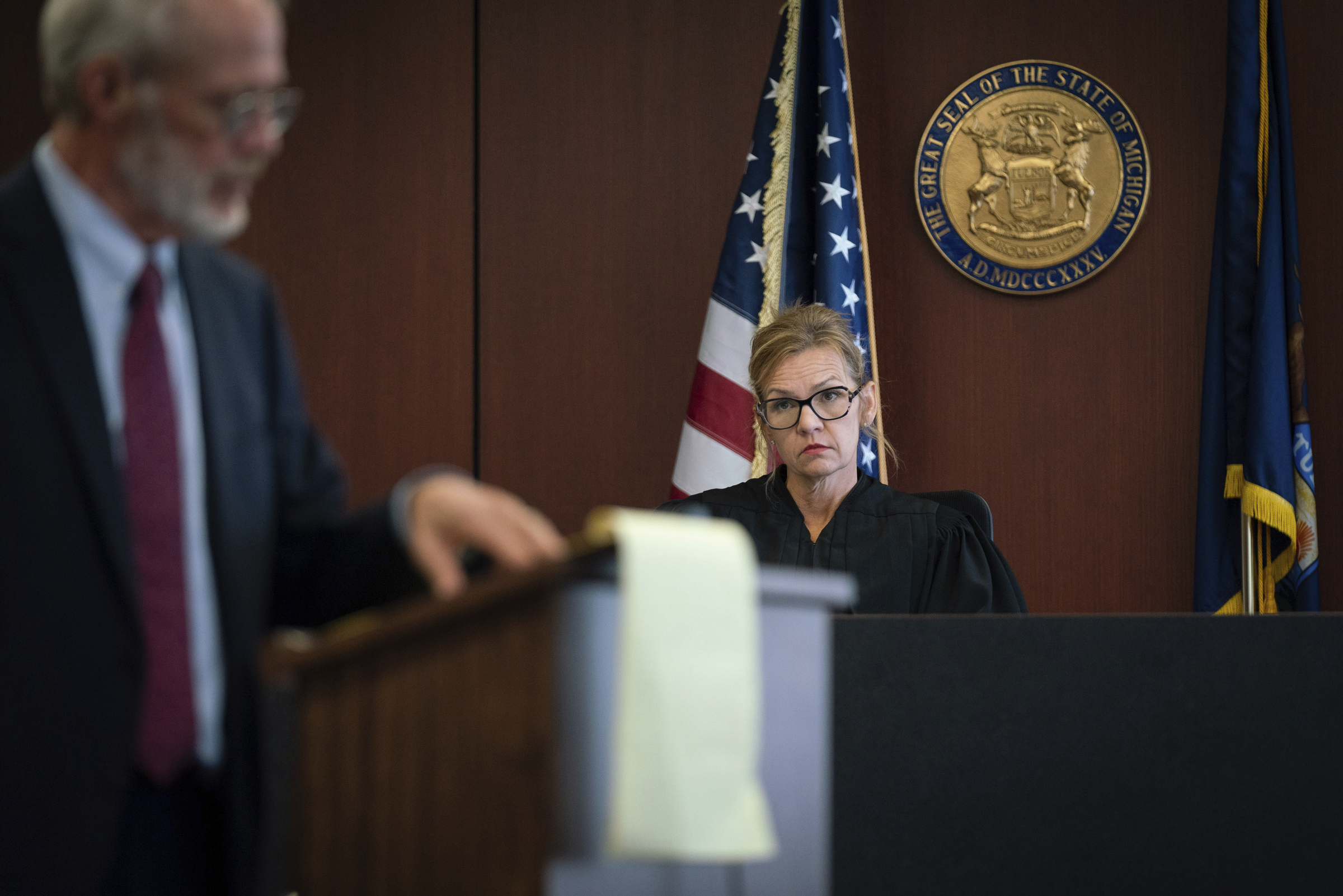 Judge Jennifer Callaghan listens as attorney Charles McKelvie, left, delivers closing arguments during a jury trial over Aretha Franklin's wills at Oakland County Probate Court