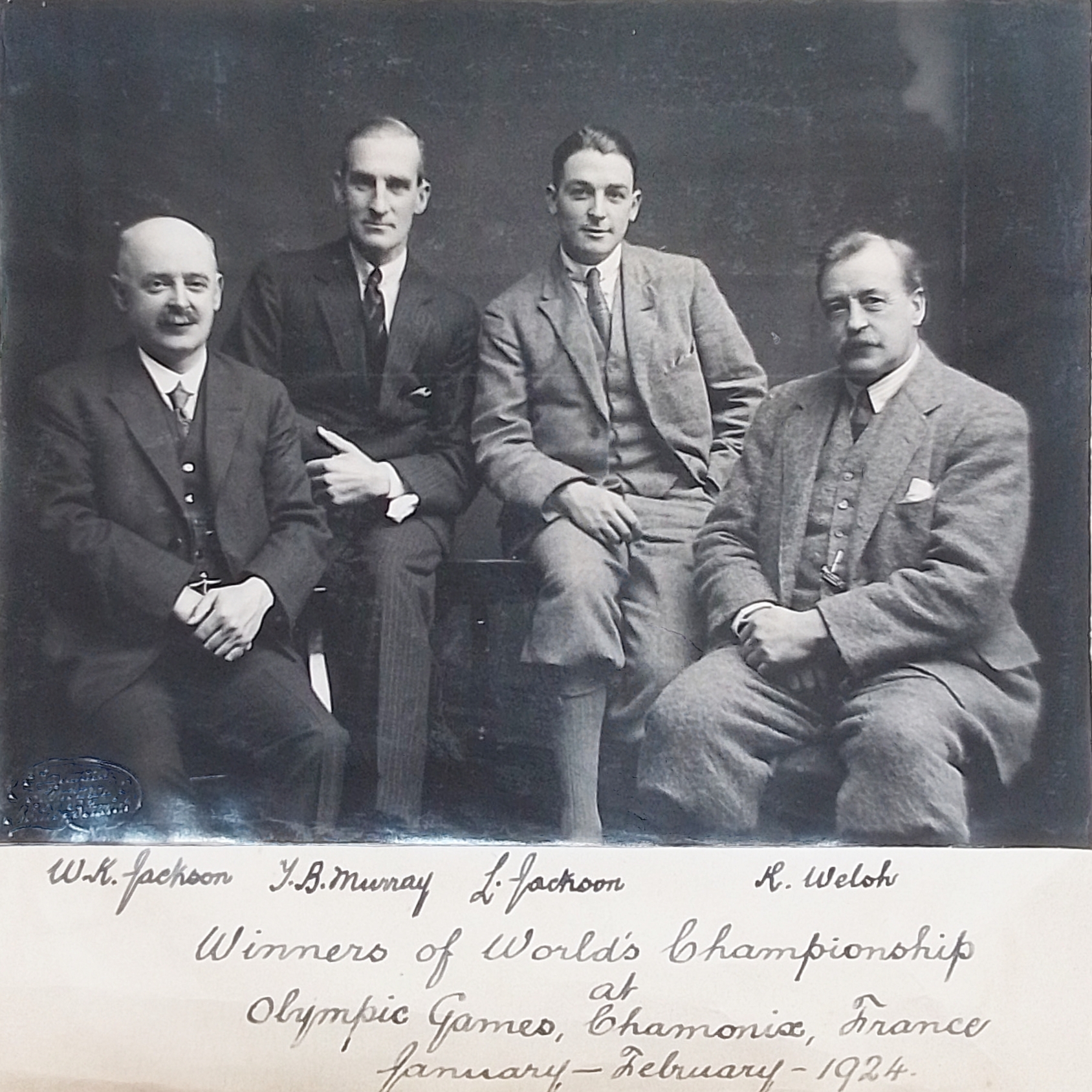 The 1924 British curling team, from left to right: Willie Jackson, Tom Murray, Laurence Jackson and Robin Welsh