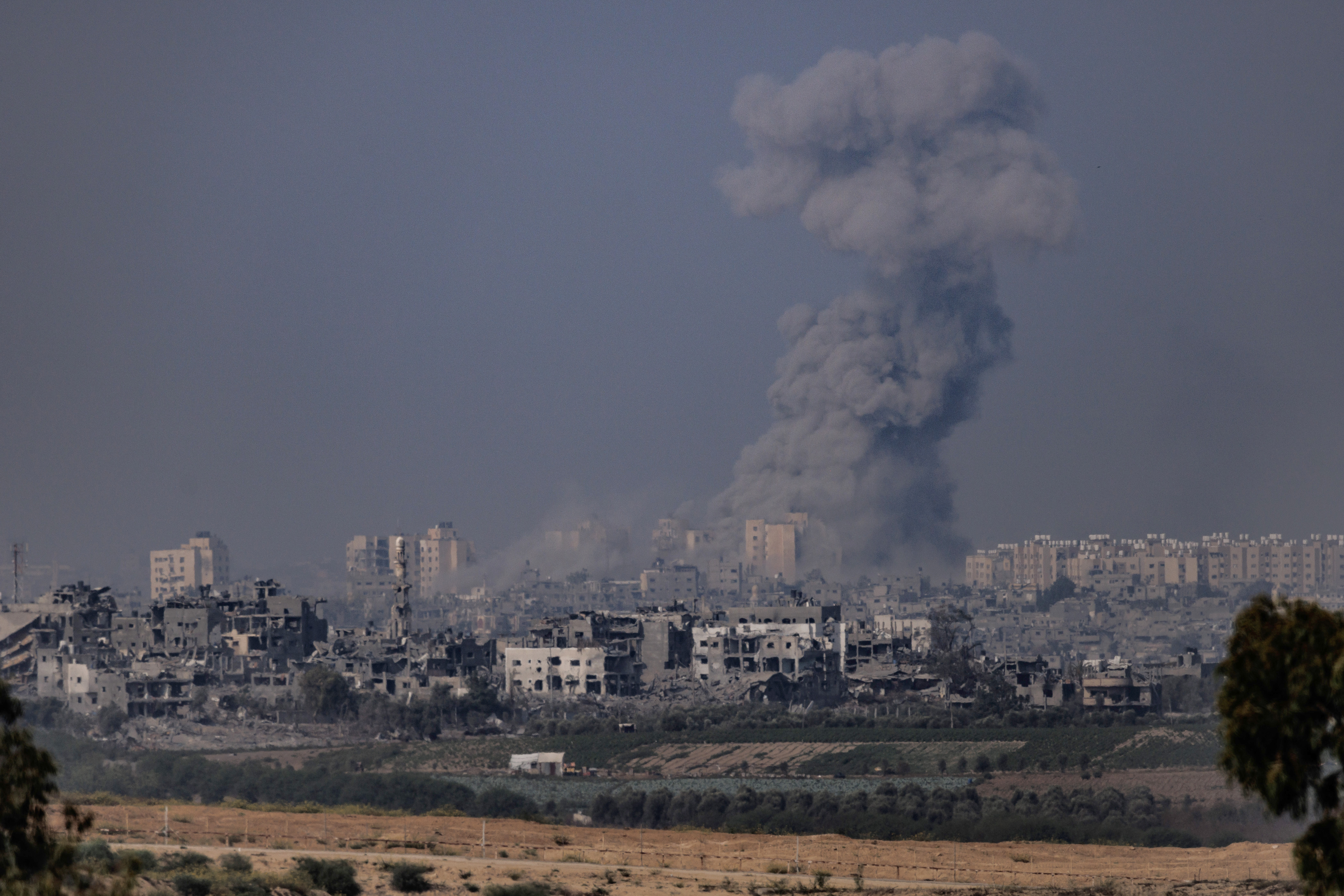 Smoke rises from an explosion in Gaza on October 28, 2023, seen from Sderot, Israel.