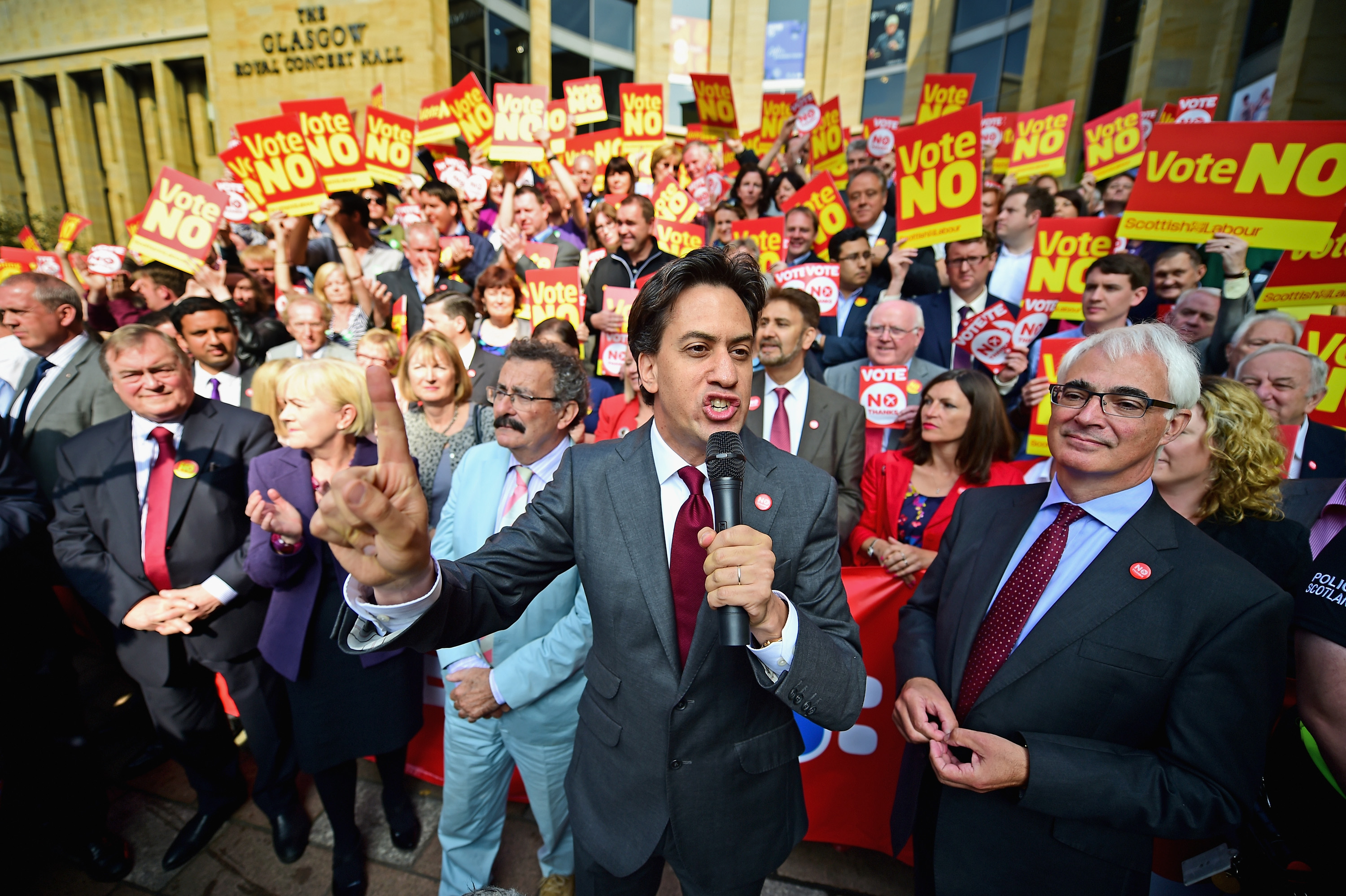 Chair of the Better Together Campaign Alistair Darling joins then-Labour leader Ed Miliband in Glasgow for a day's campaigning in support of the ''No'' vote in the Scottish Referendum on September 11, 2014.