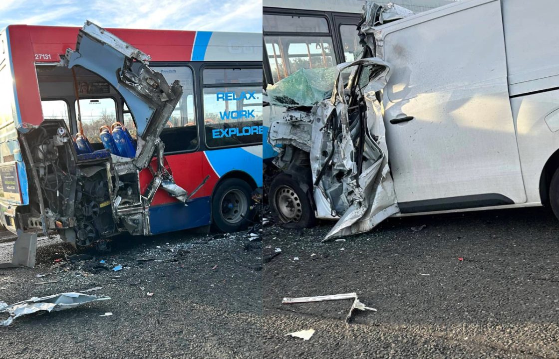 Driver taken to hospital after crash between van and bus on A92
