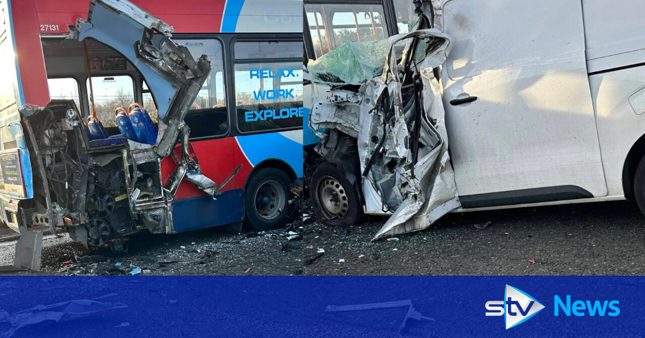 Driver taken to hospital after crash between van and bus on A92 | STV News