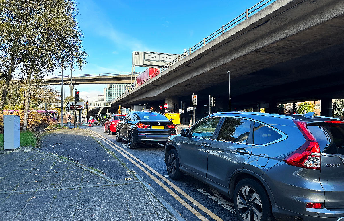 Traffic queuing on North Street, Glasgow, November 6, 2023.