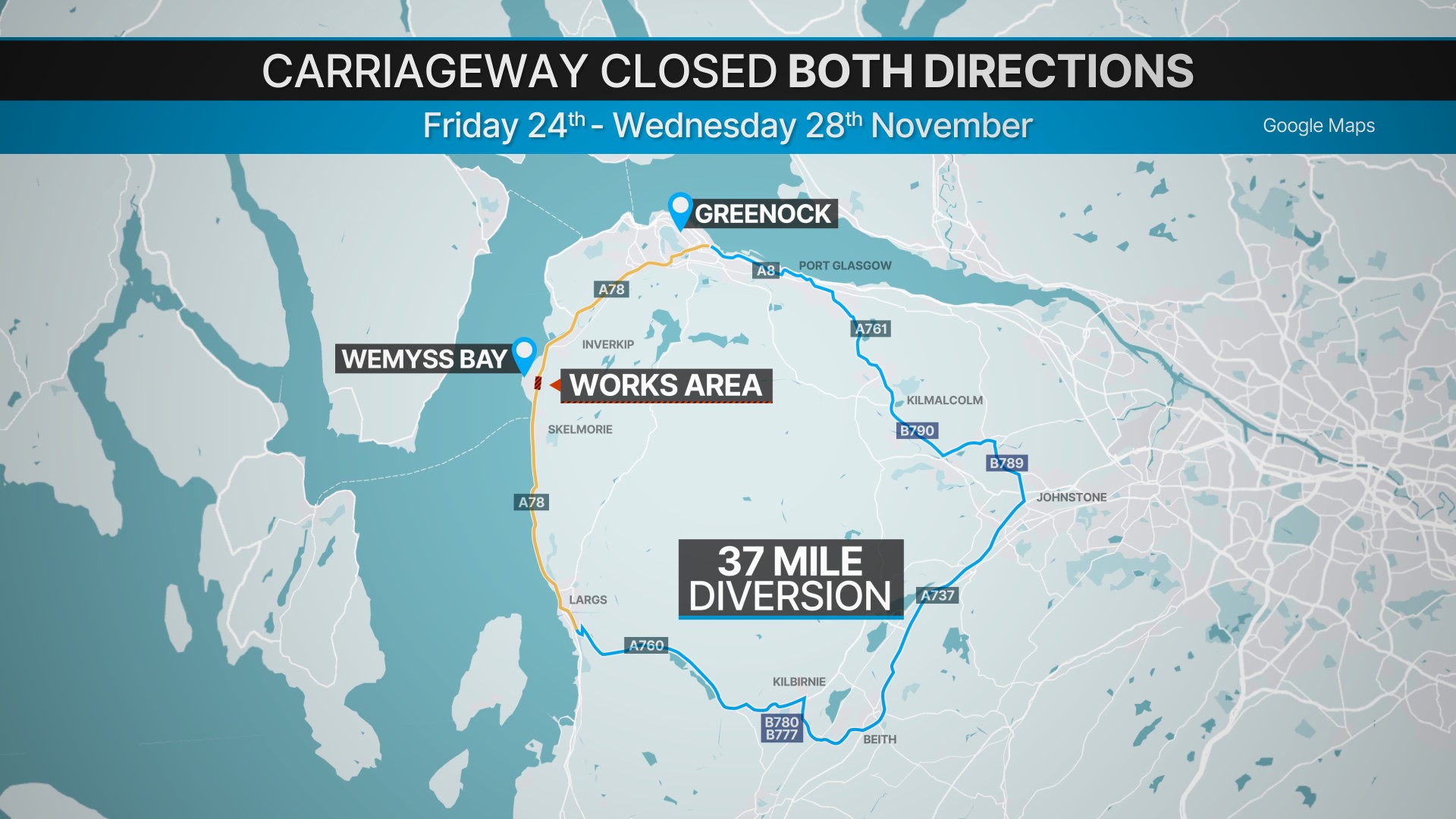 Roadworks closing A78 with 40 mile diversion sparking concern