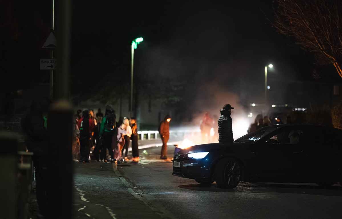 Around 50 people were involved in the disorder which saw fires started in wheelie bin used to barricade roads in Kirkton, Dundee, on Halloween.