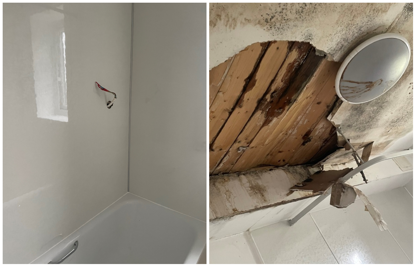 The family moved out after their bathroom ceiling collapsed - but returned to no facilities installed in the room. 