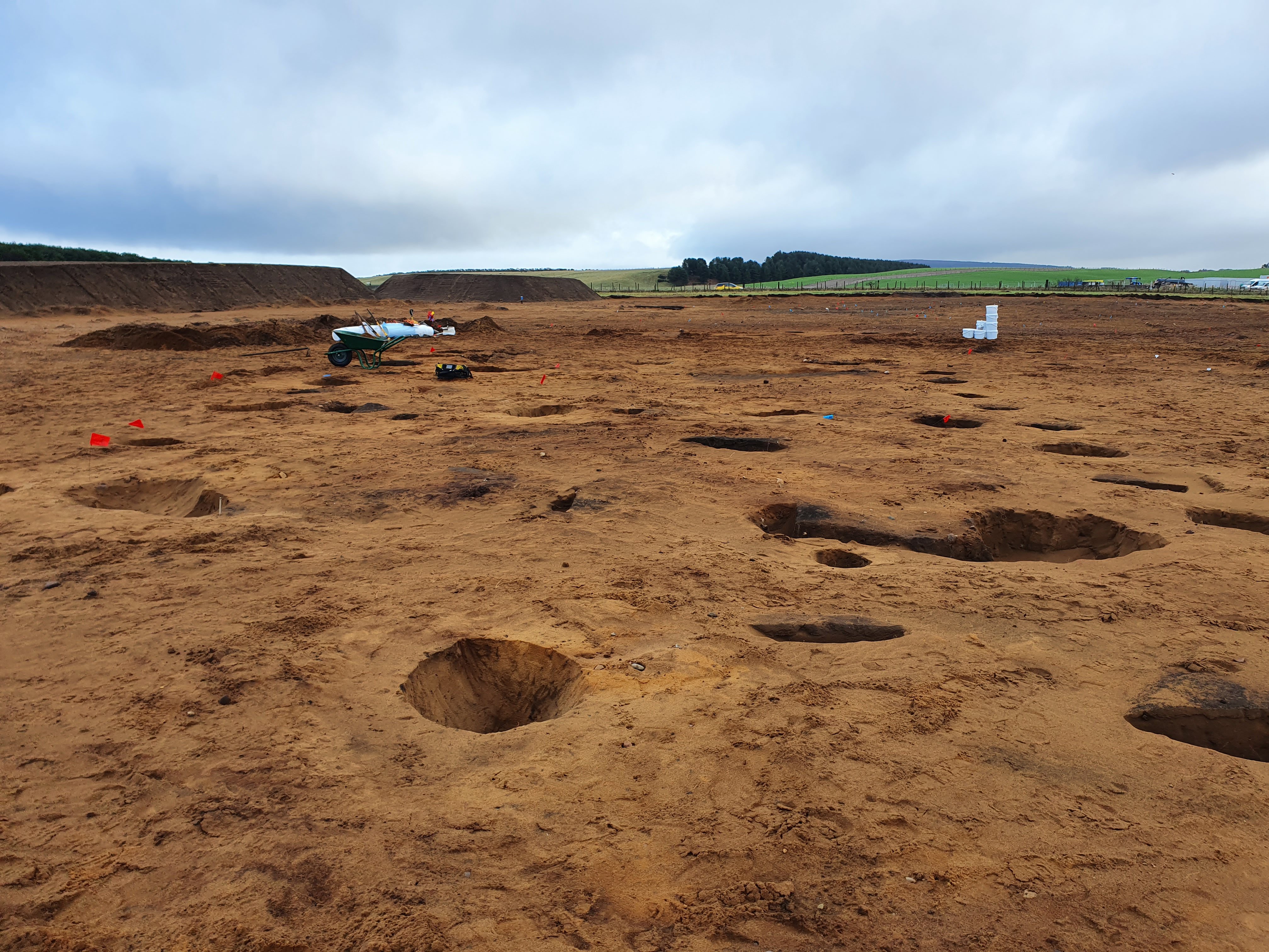Postholes and pits at the excavation site of a possible Neolithic timber 'hall'.