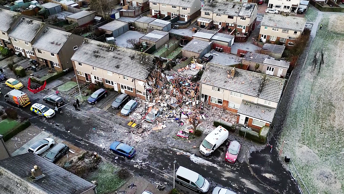 The aftermath of the explosion on Baberton Mains Avenue in Edinburgh.