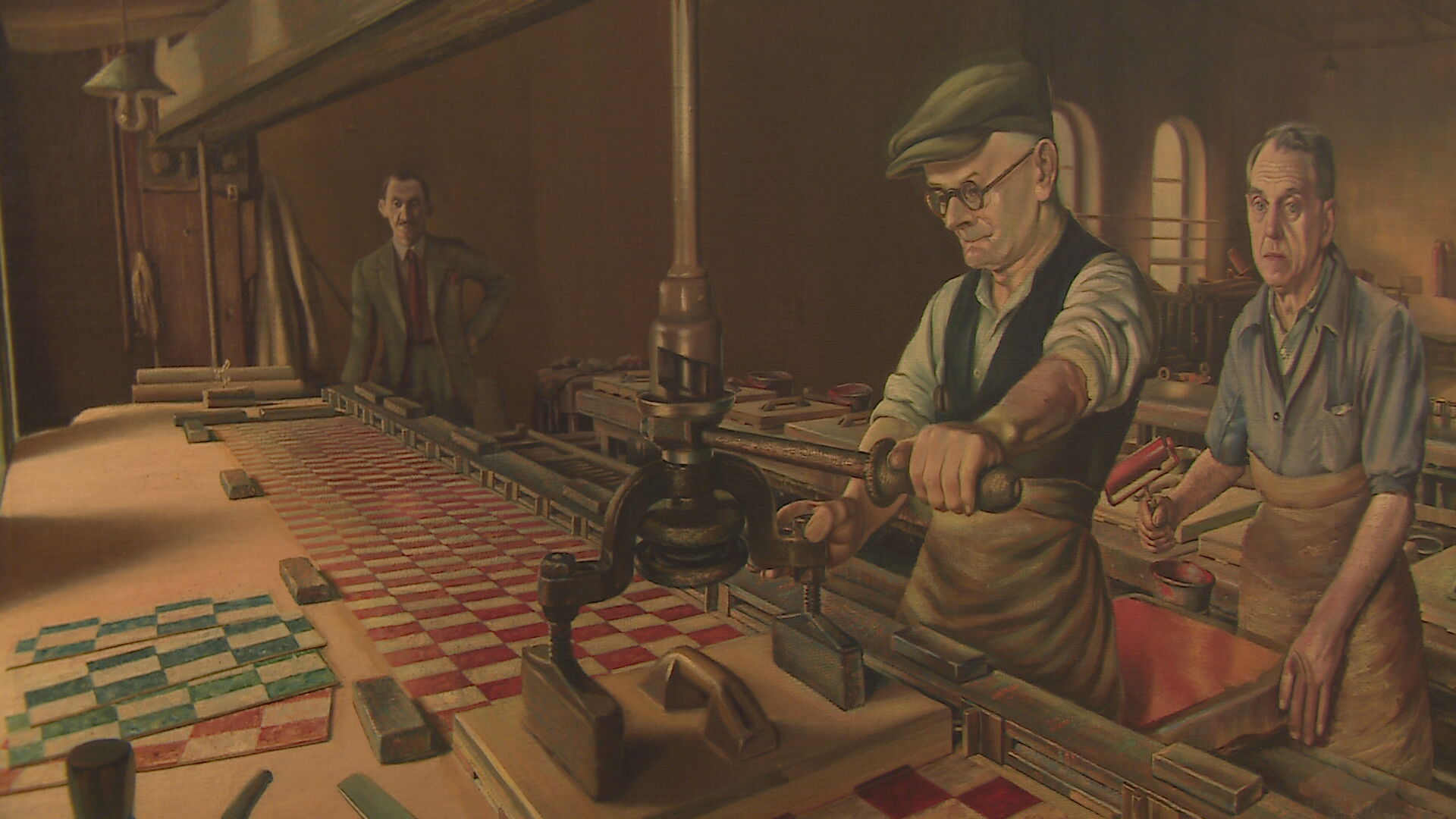 Artworks depict how linoleum was made in the 20th century