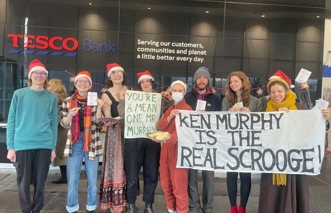 This is Rigged climate activists occupy Tesco Bank offices in Glasgow with Christmas party