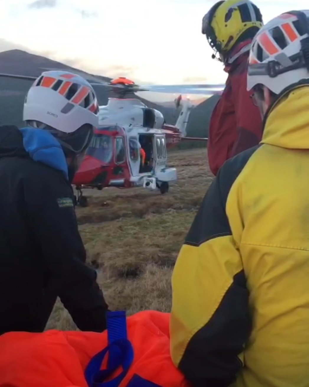 Prestwick Rescue 199 Coastguard helicopter airlifted a casualting  from above Glenmore.