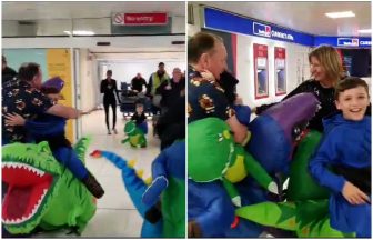 Watch hilarious moment family reunite for Christmas at Glasgow Airport dressed up as dinosaurs