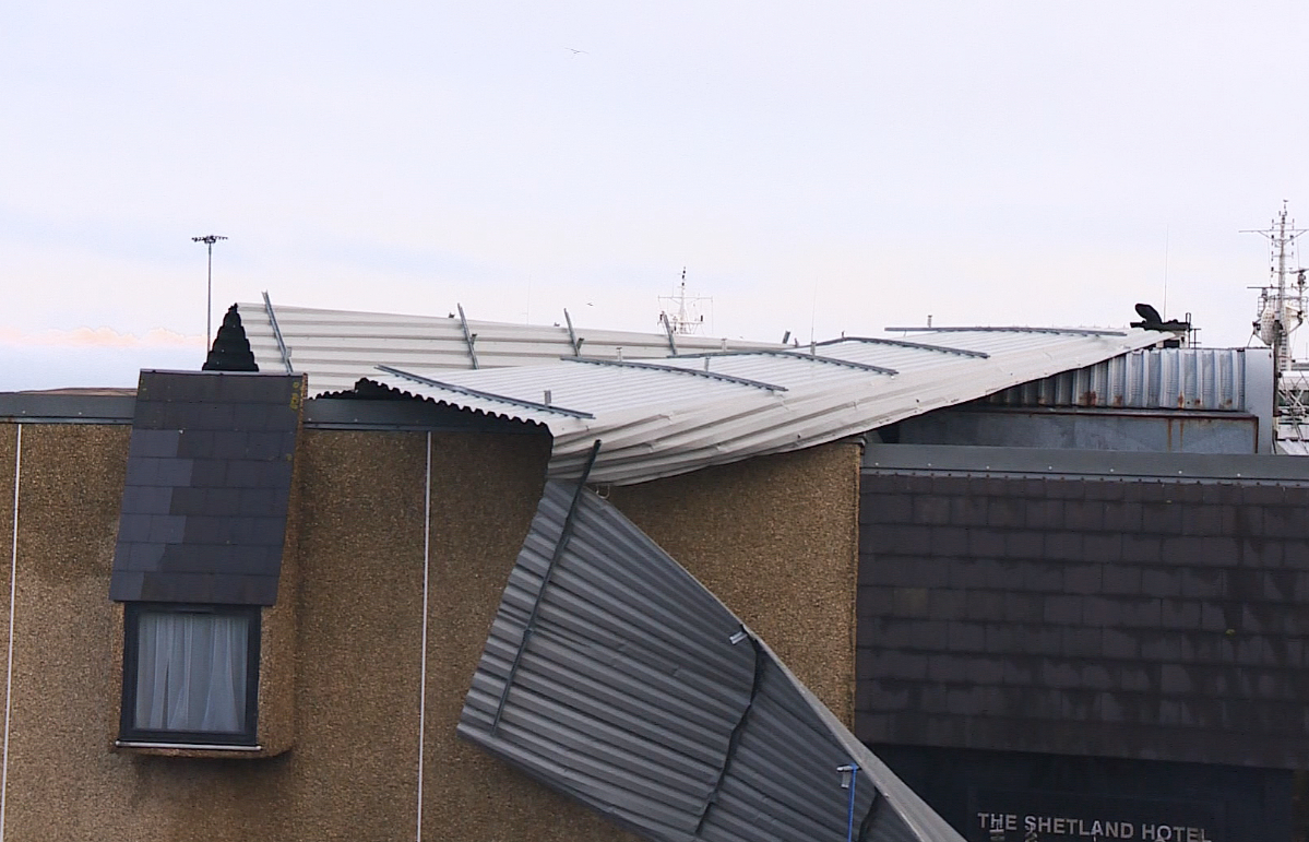 Roof blown off The Shetland Hotel in Lerwick amid Storm Gerrit.