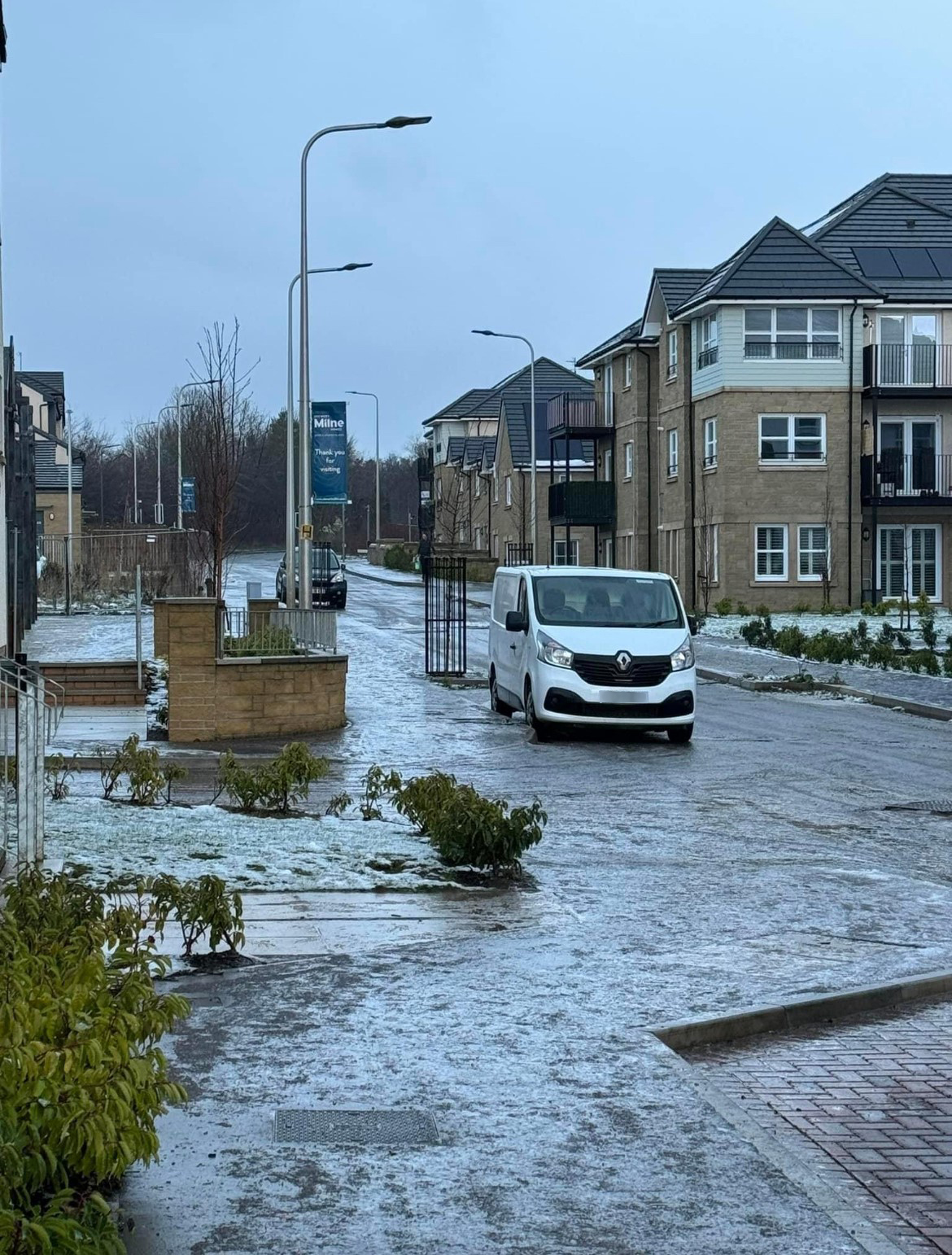 Roads in the Letham Mains estate were under a sheet of ice.