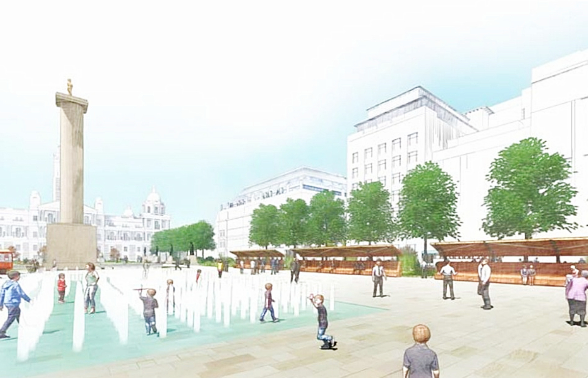 An artist's impression of George Square shows a water feature and sheltered seating.