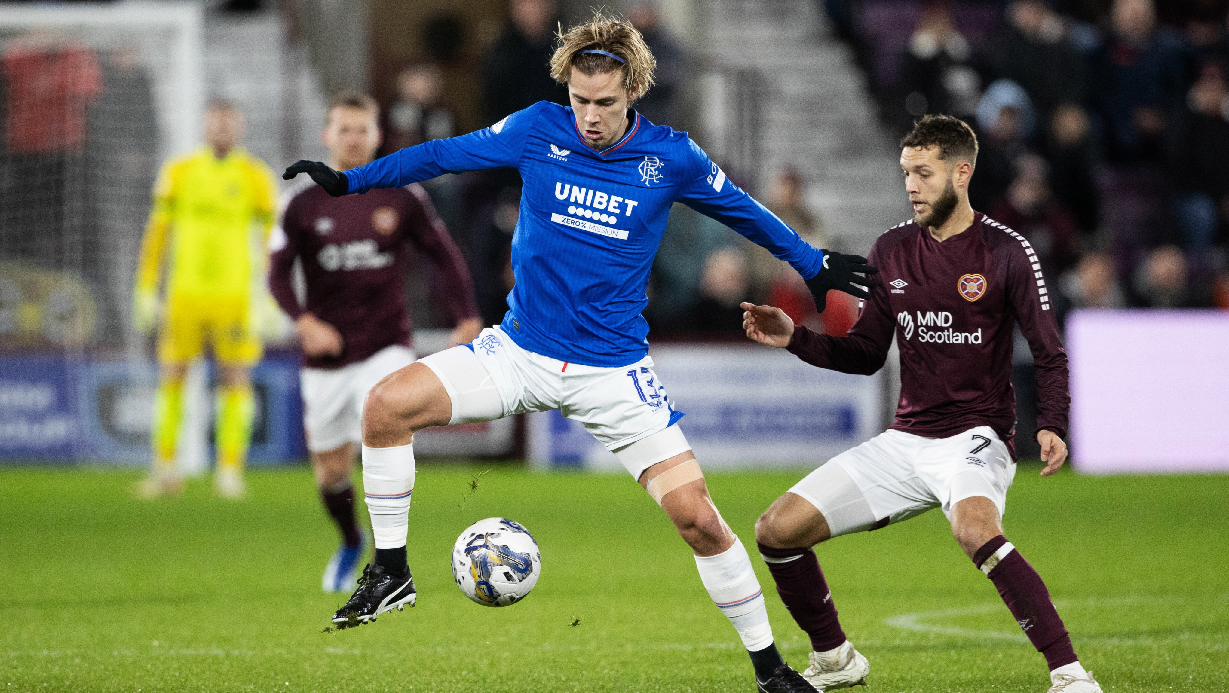 EDINBURGH, SCOTLAND - DECEMBER 06: Rangers Todd Cantwell in action during a cinch Premiership match between Heart of Midlothian and Rangers at Tynecastle Park, on December 06, 2023, in Edinburgh, Scotland. (Photo by Alan Harvey / SNS Group)