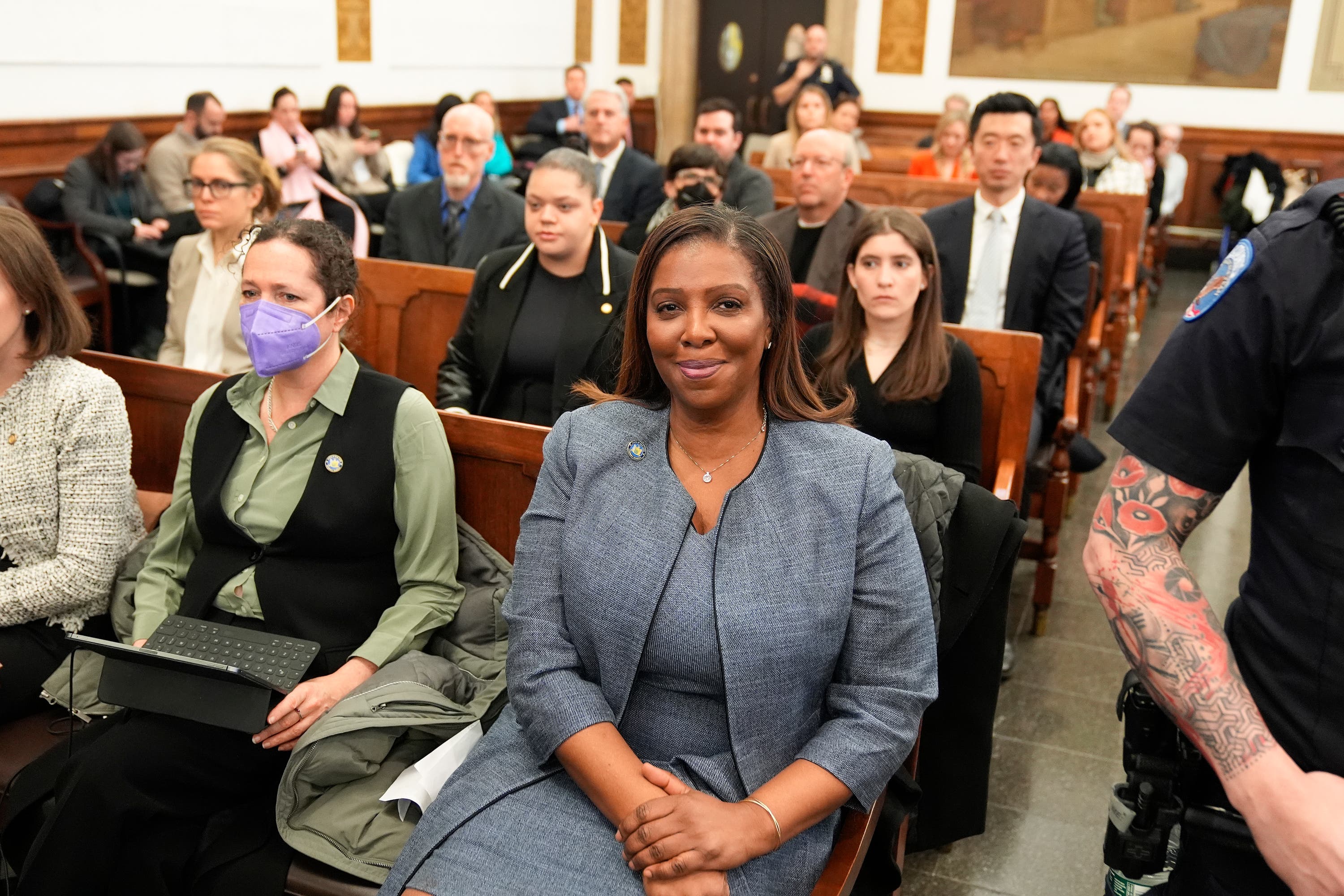 New York attorney general Letitia James awaits the start of closing arguments in the civil business fraud trial against the Trump Organisation at New York Supreme Court (Seth Wenig, Pool/AP)