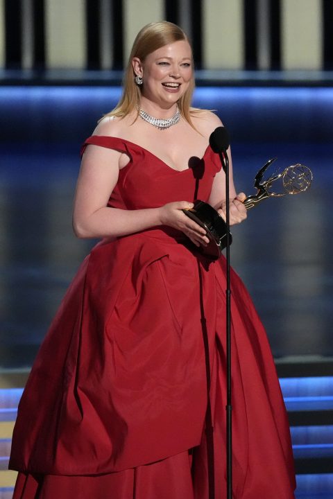 Sarah Snook accepts the award for outstanding lead actress in a drama series for Succession during the 75th Primetime Emmy Awards.