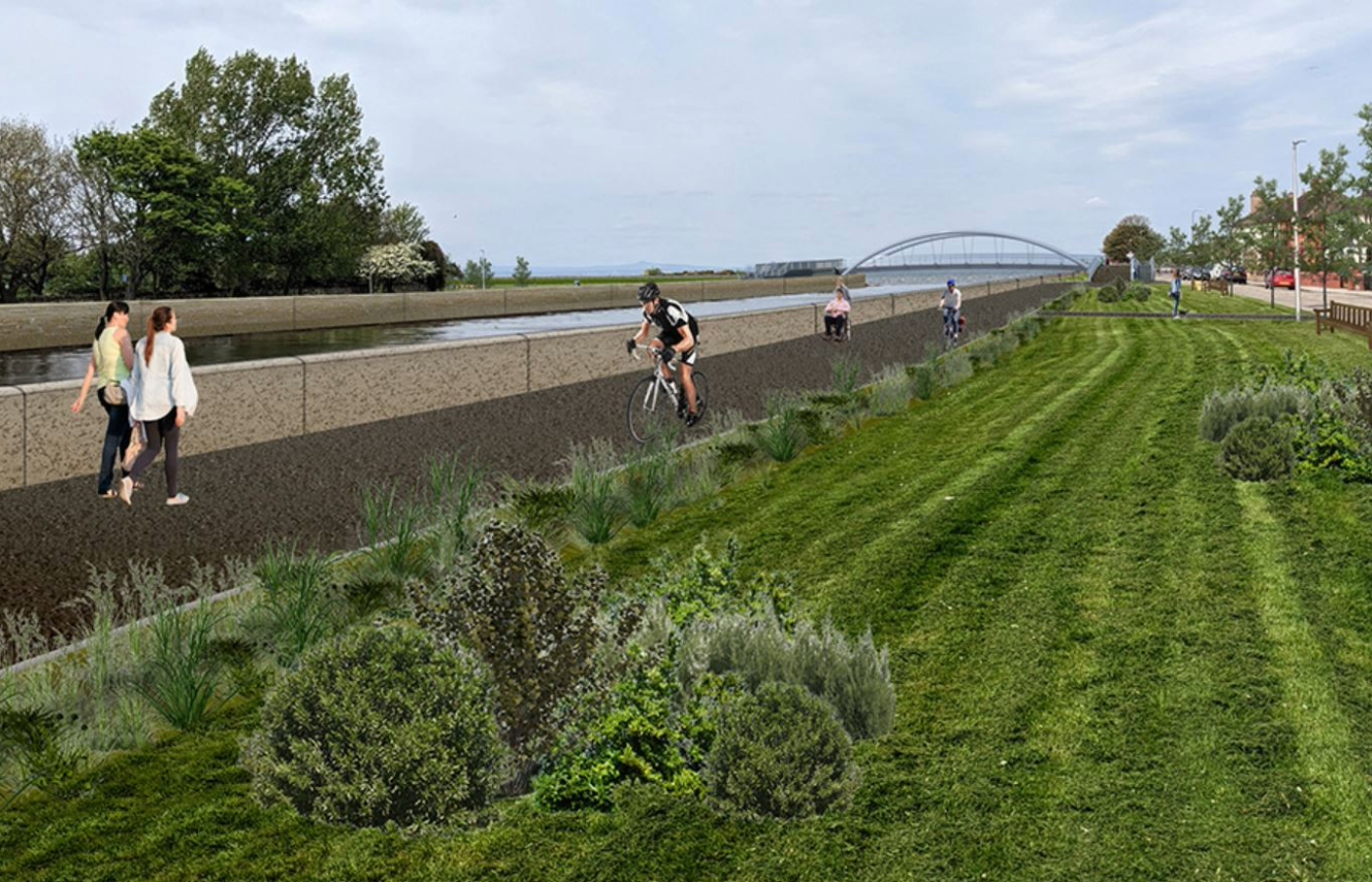 Artists impression shows walls and embankments which will be built as part of the Musselburgh Flood Protection Scheme.