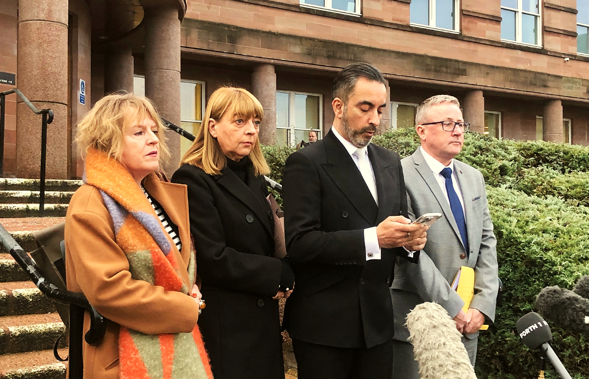Aamer Anwar, second right with, left, Deborah Coles, of bereavement charity Inquest and Linda and Stuart Allan, the parents of Katie Allan, outside Falkirk Sheriff Court.