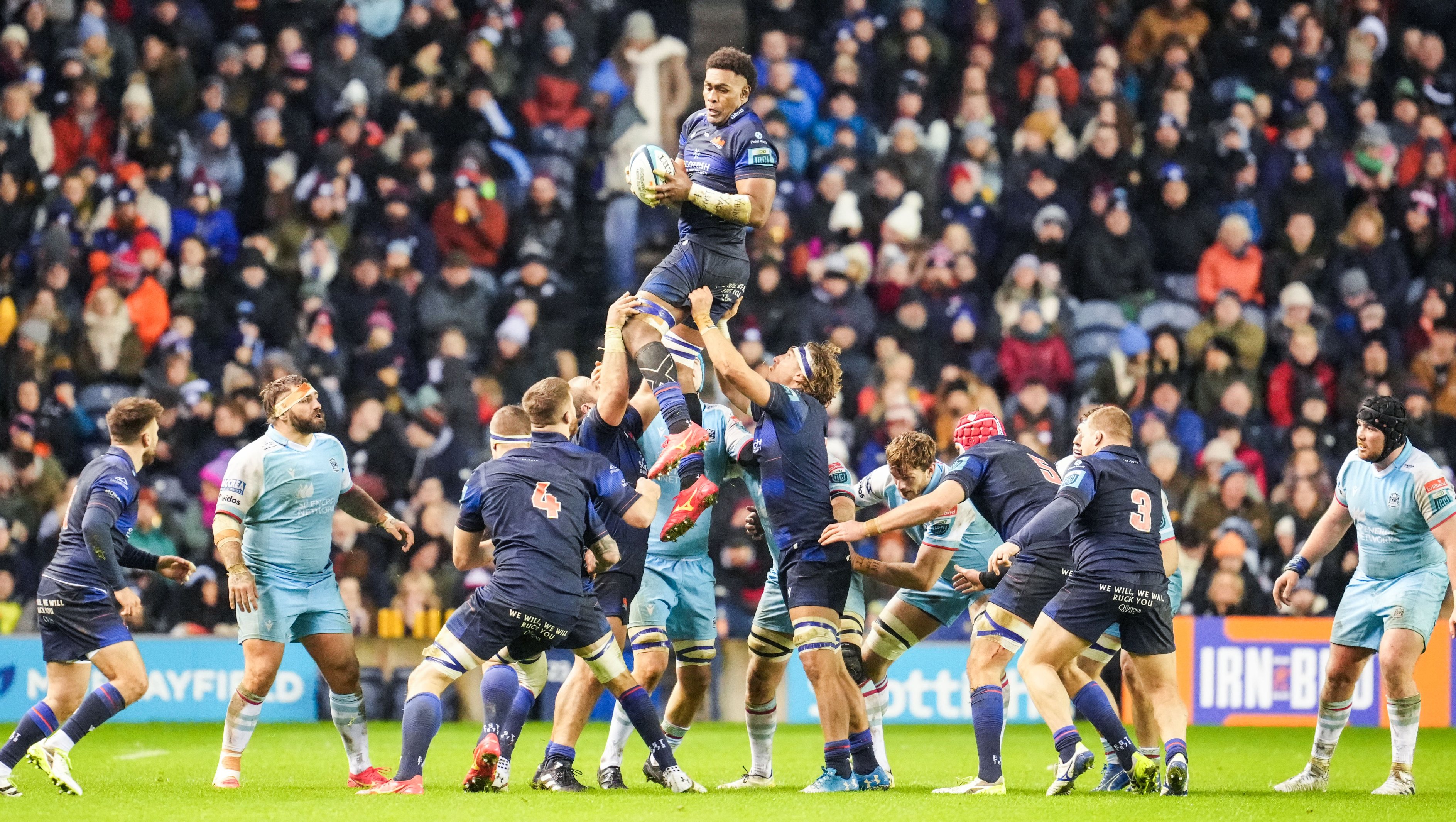 EDINBURGH, SCOTLAND - DECEMBER 30: Edinburgh's Viliame Mata takes a line out during a BKT United Rugby Championship match between Edinburgh Rugby and Glasgow Warriors at the BT Murrayfield Stadium, on December 30, 2023, in Edinburgh, Scotland. (Photo by Simon Wootton / SNS Group)