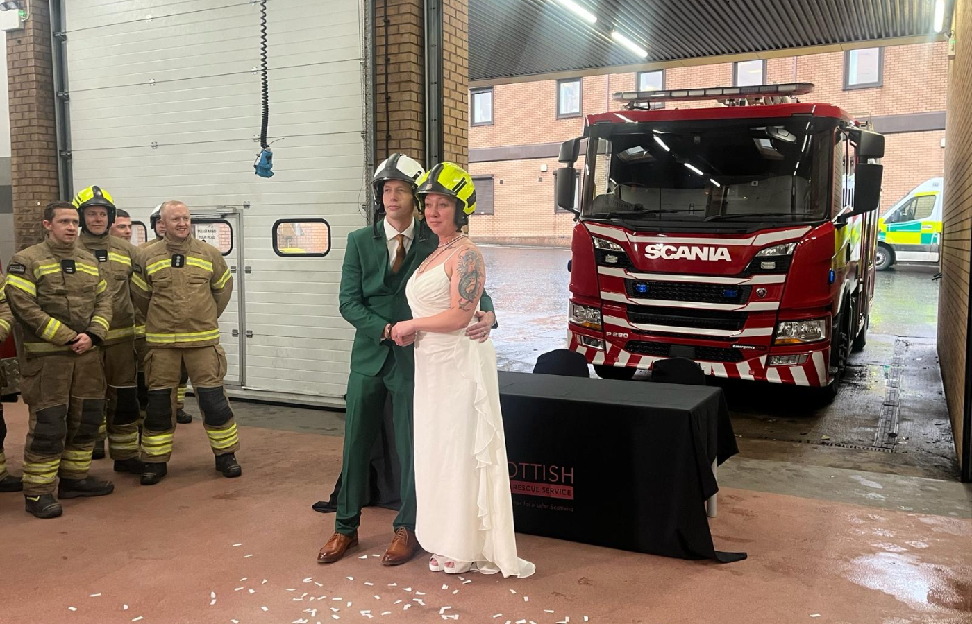 American newlyweds mark big day with unique ceremony in Glasgow fire station.