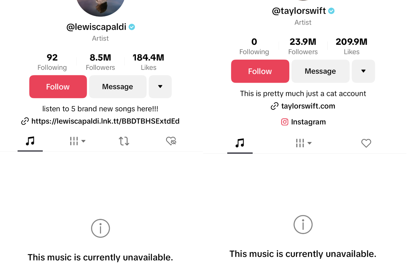 The music of Lewis Capaldi and Taylor Swift is met with a 'currently available' error message. Photo: STV News.