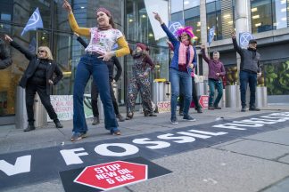 Climate activists stage ‘Stayin’ Alive’ dance demonstration outside pension conference in Edinburgh