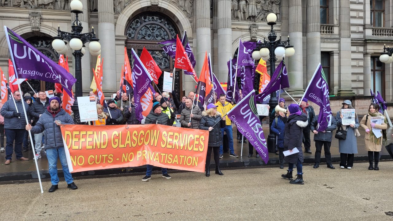 Trade unions protest in Glasgow ahead of expected council budget cuts