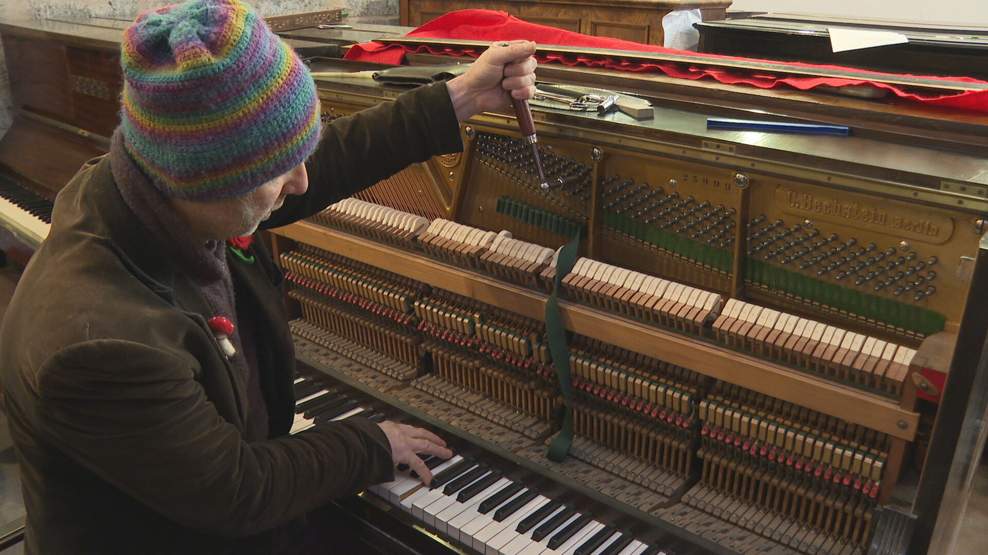 Joel Sanderson comes to the Pianodrome once a week to tune and repair the instruments. 