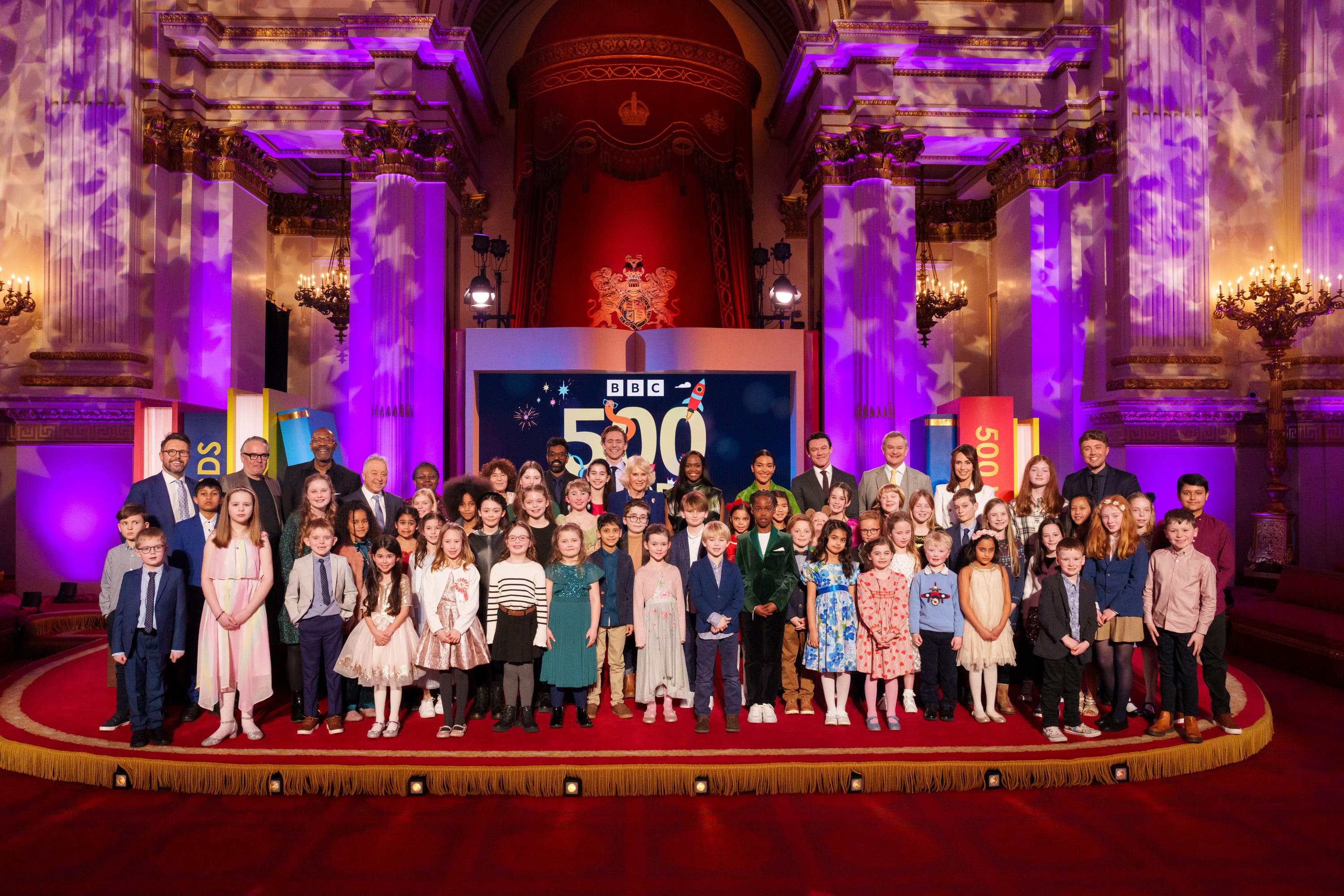 The Queen, the BBC 500 Words winners and celebrity readers (Pete Dadds/BBC/PA) 
