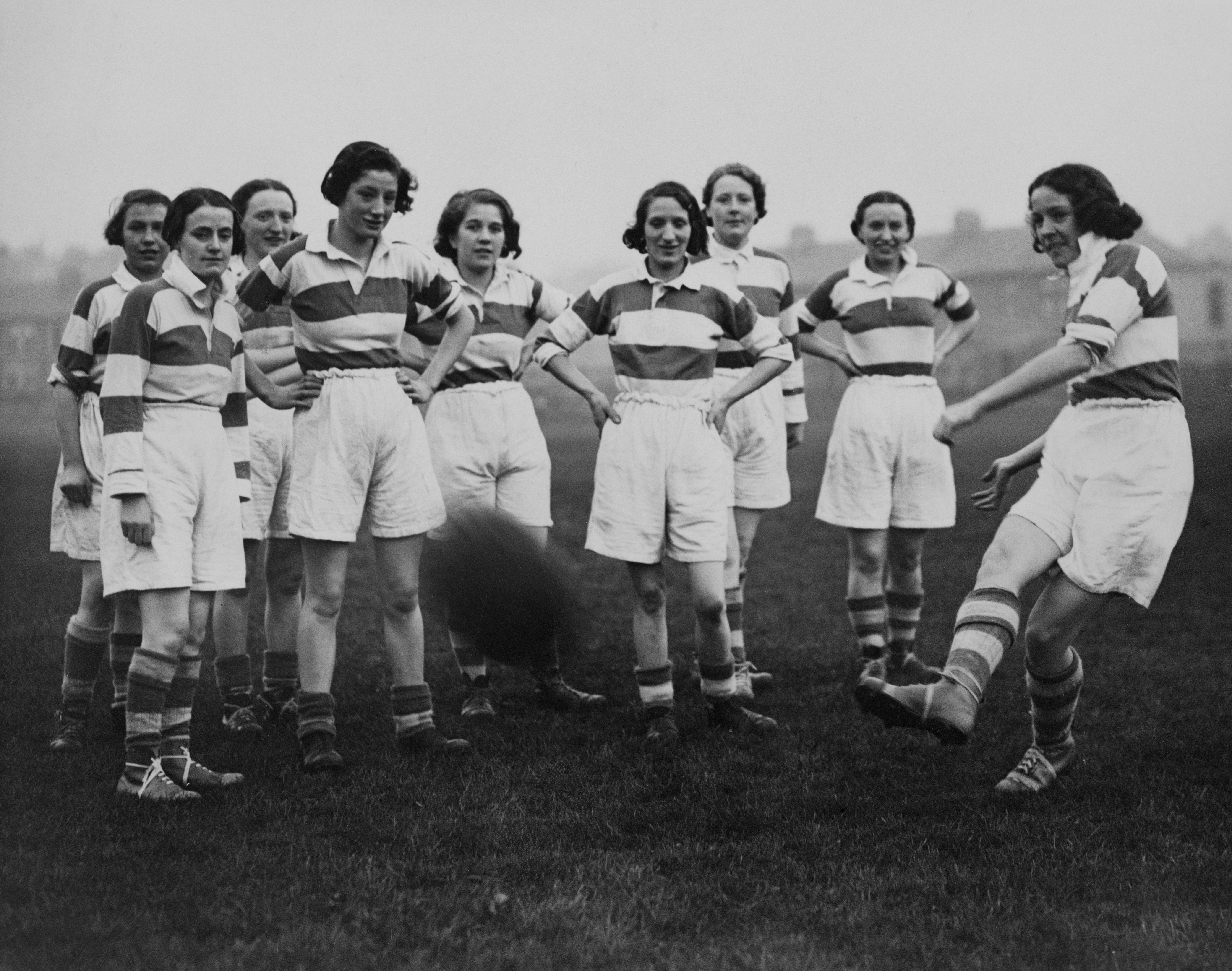 Players of Edinburgh City Girls' football club during a training session in Edinburgh, Scotland, November 27 1937. (Photo by Martin/Fox Photos/Hulton Archive/Getty Images)