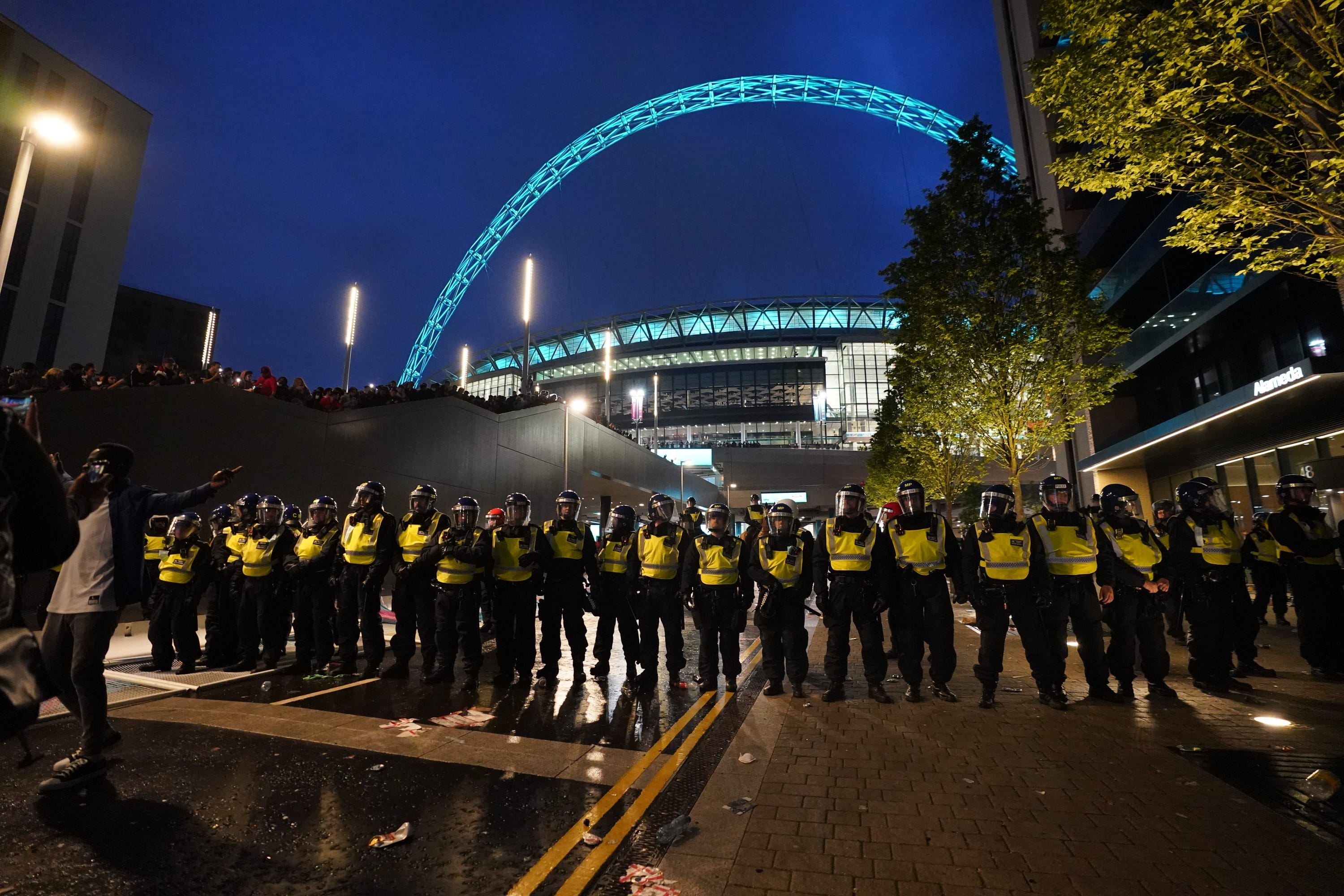 England fans and police outside Wembley Stadium.