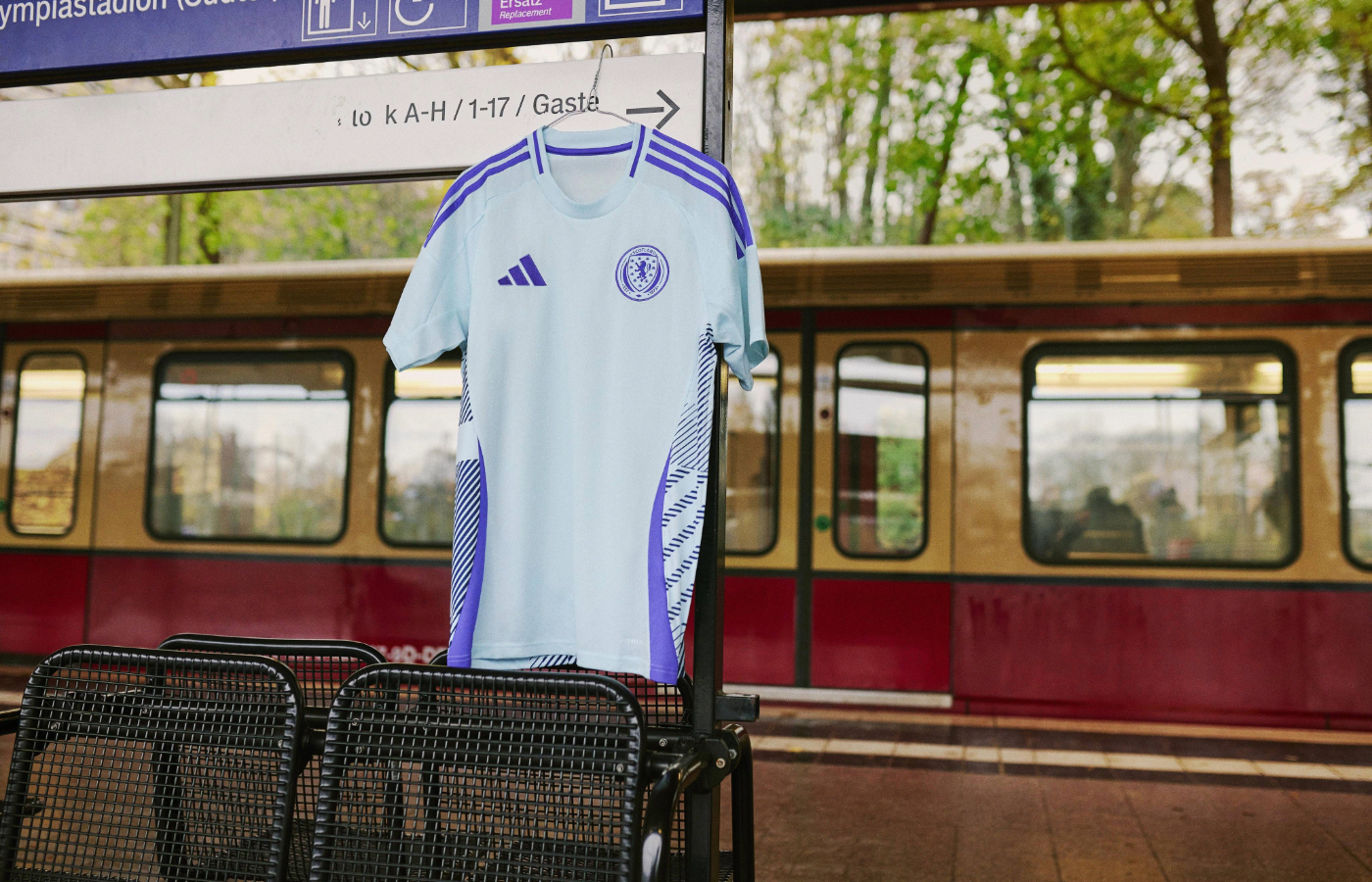 Scotland's away kit is a light blue with a purple badge. Photo: Adidas