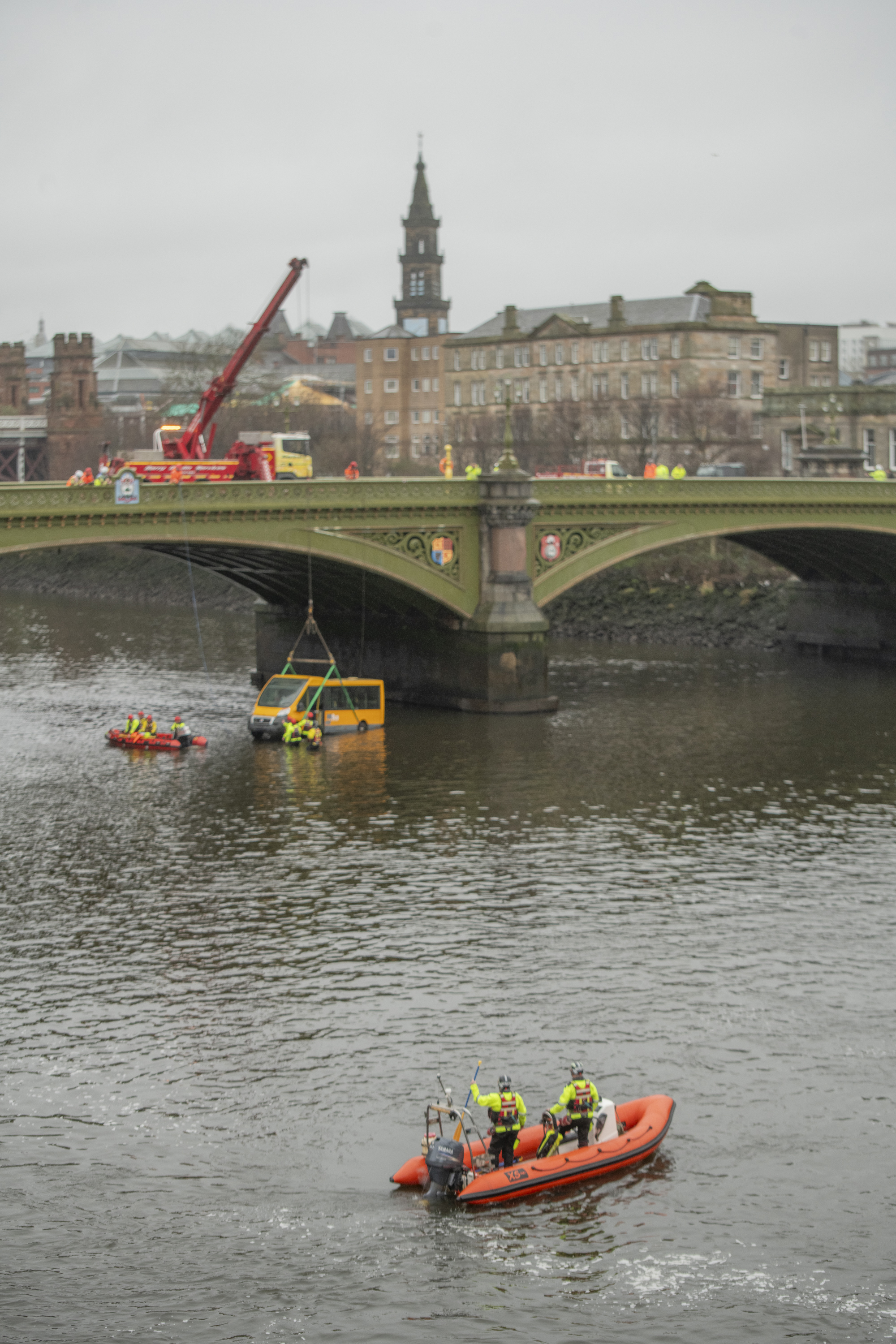 Minibus in the River Clyde as part of a major emergency services training exercise